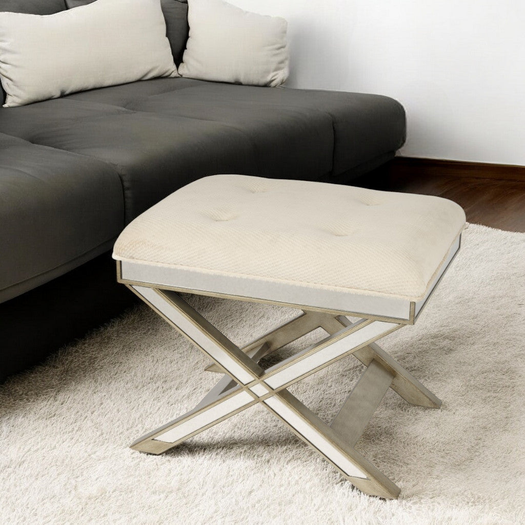 26" Ivory Cotton and Brown Tufted Ottoman-Ottomans-DECOROLALA