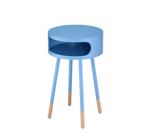 26" Light Blue And Natural Solid Wood Round End Table With Shelf-End-Side Tables-DECOROLALA