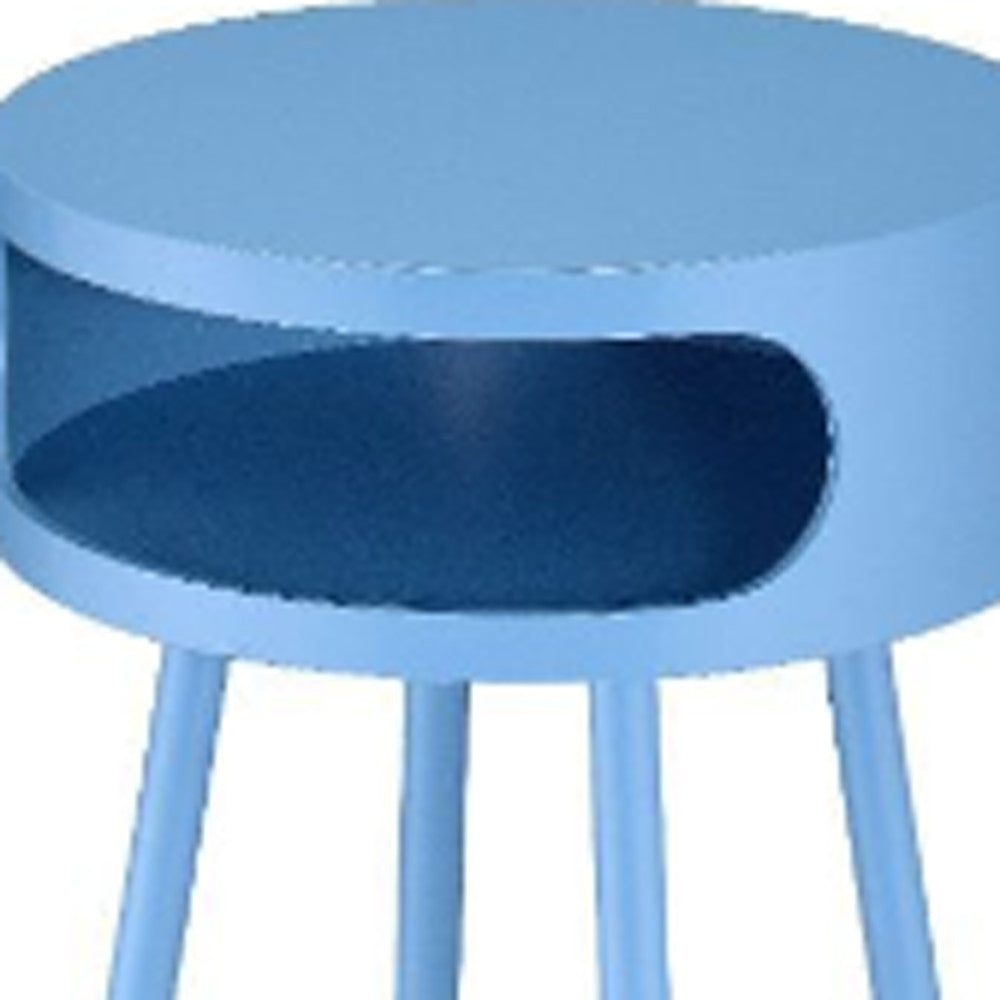 26" Light Blue And Natural Solid Wood Round End Table With Shelf-End-Side Tables-DECOROLALA