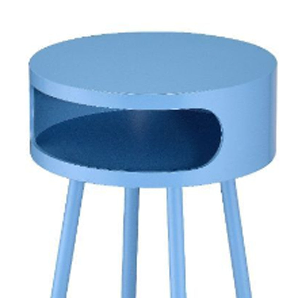 26" Light Blue And Natural Solid Wood Round End Table With Shelf-End-Side Tables-DECOROLALA