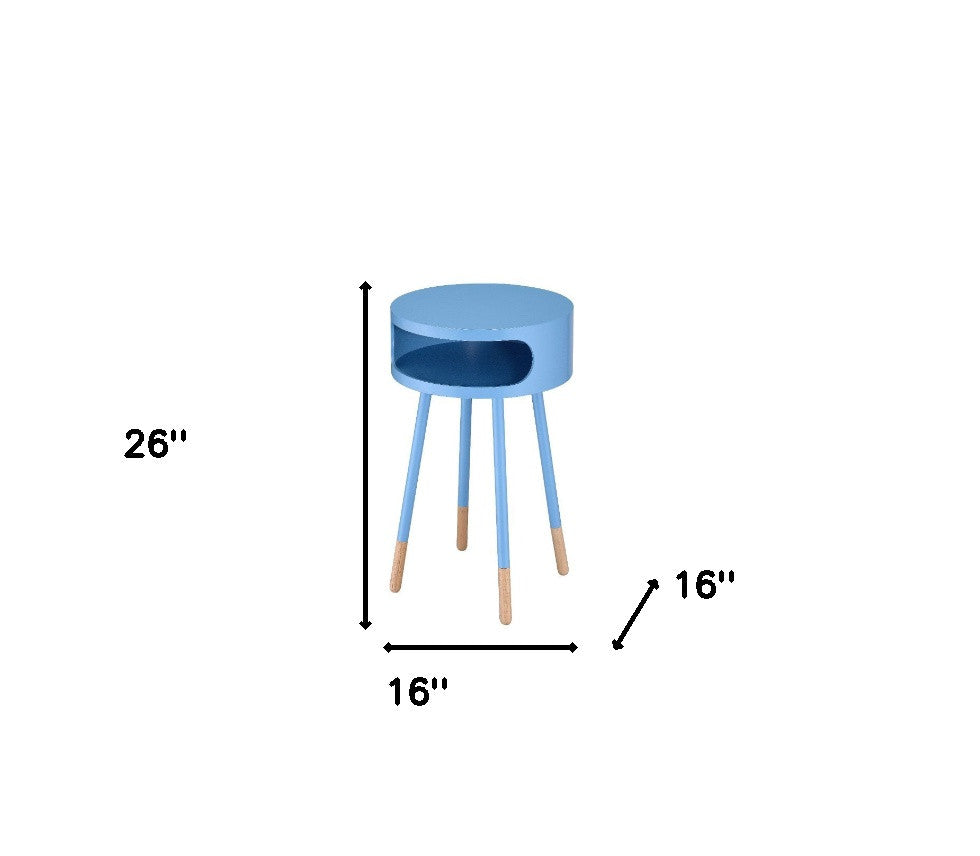 26" Light Blue And Natural Solid Wood Round End Table With Shelf-End-Side Tables-DECOROLALA