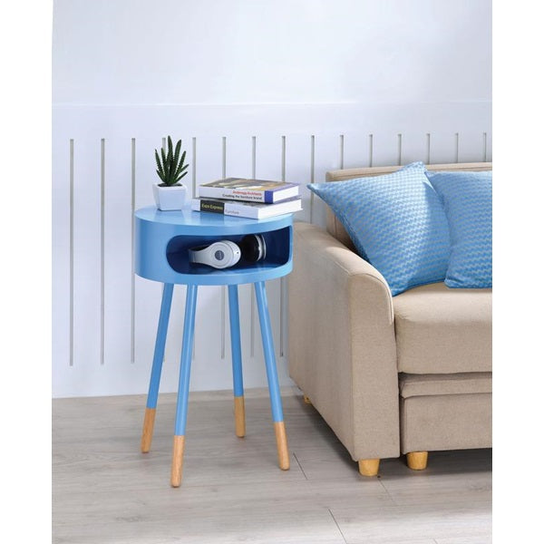 26" Light Blue And Natural Solid Wood Round End Table With Shelf-End-Side Tables-DECOROLALA