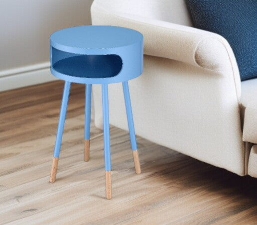 26" Light Blue And Natural Solid Wood Round End Table With Shelf-End-Side Tables-DECOROLALA