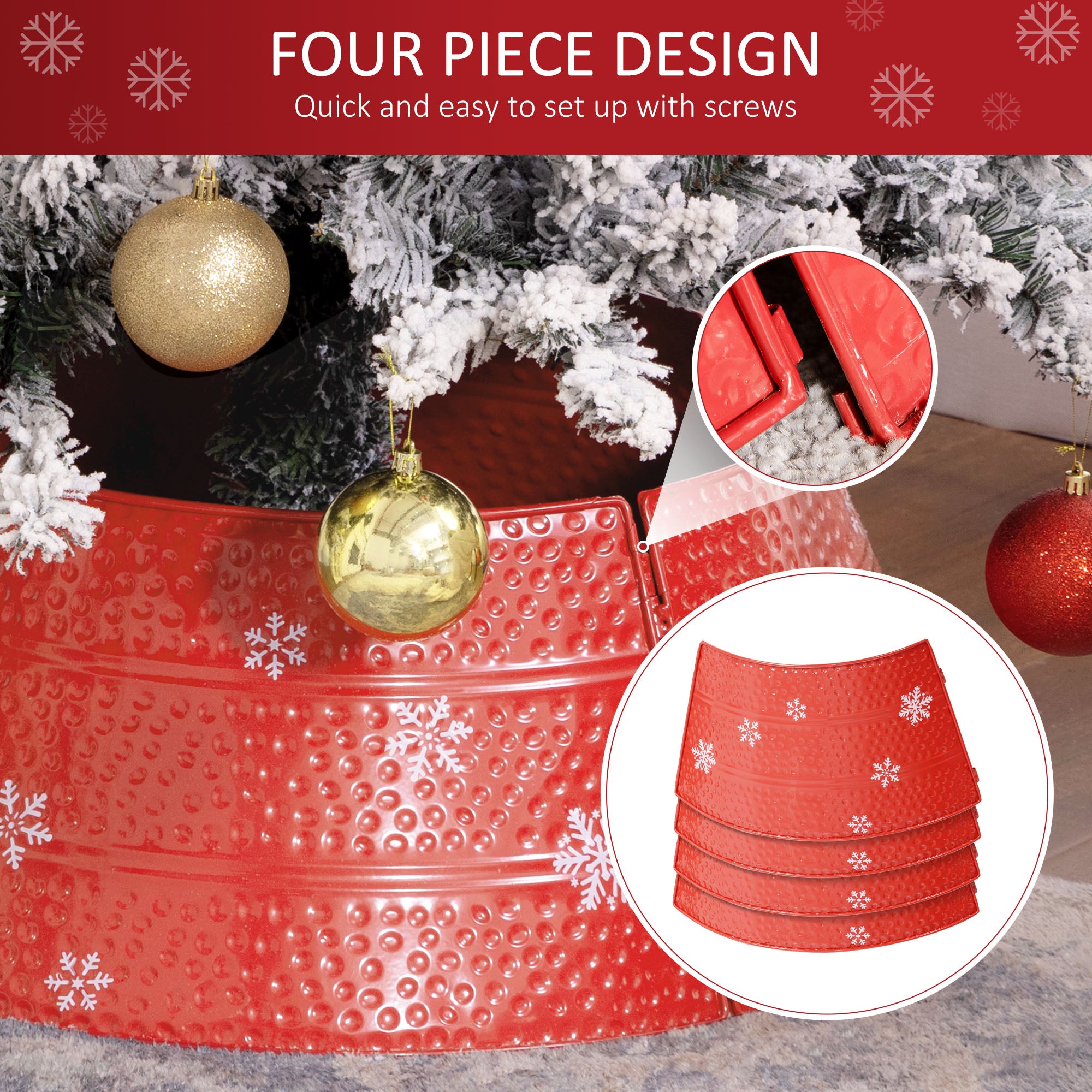26" Metal Christmas Tree Collar - Red Snowflake Ring-Home Furnishings > Holiday & Seasonal > Christmas Trees-DECOROLALA