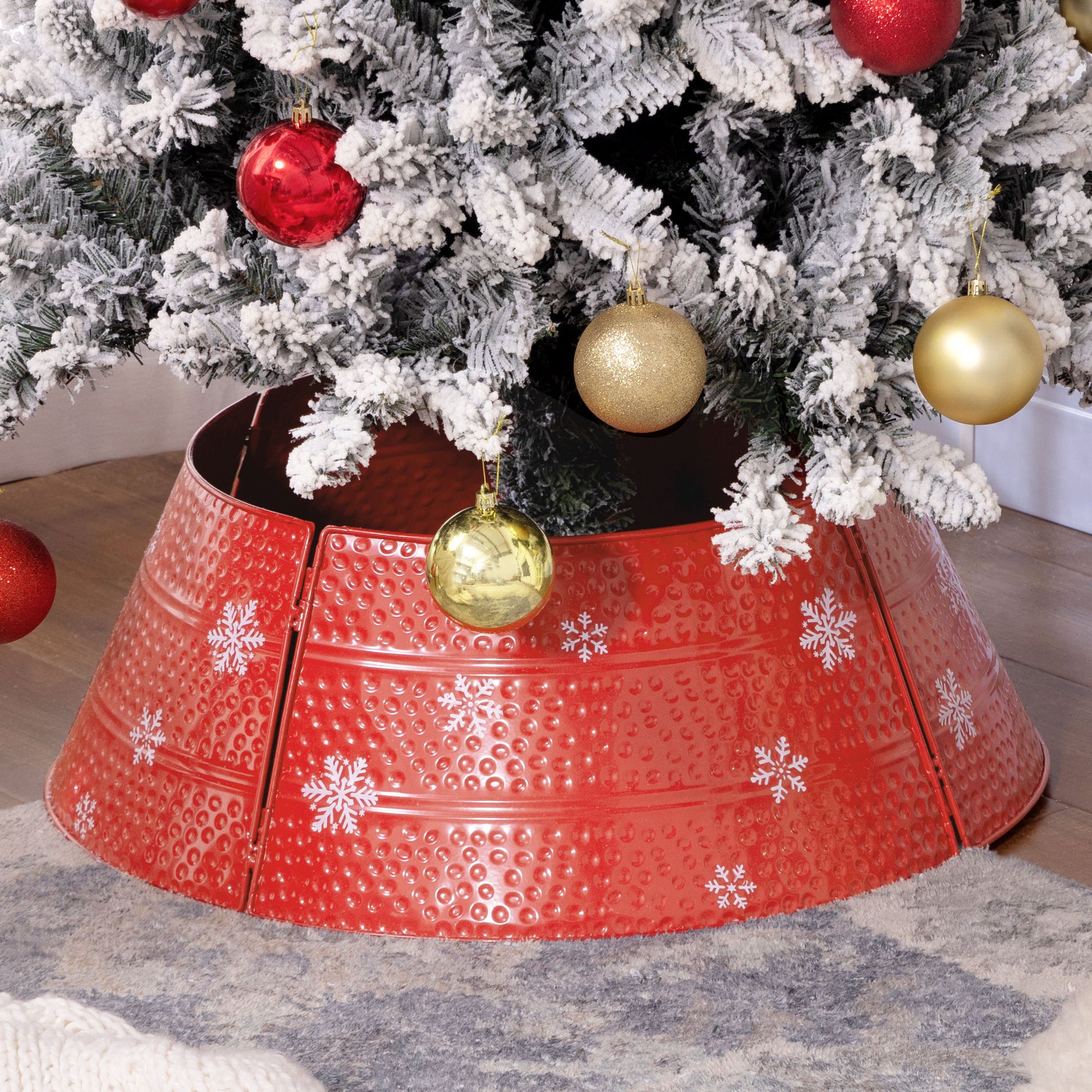 26" Metal Christmas Tree Collar - Red Snowflake Ring-Home Furnishings > Holiday & Seasonal > Christmas Trees-DECOROLALA