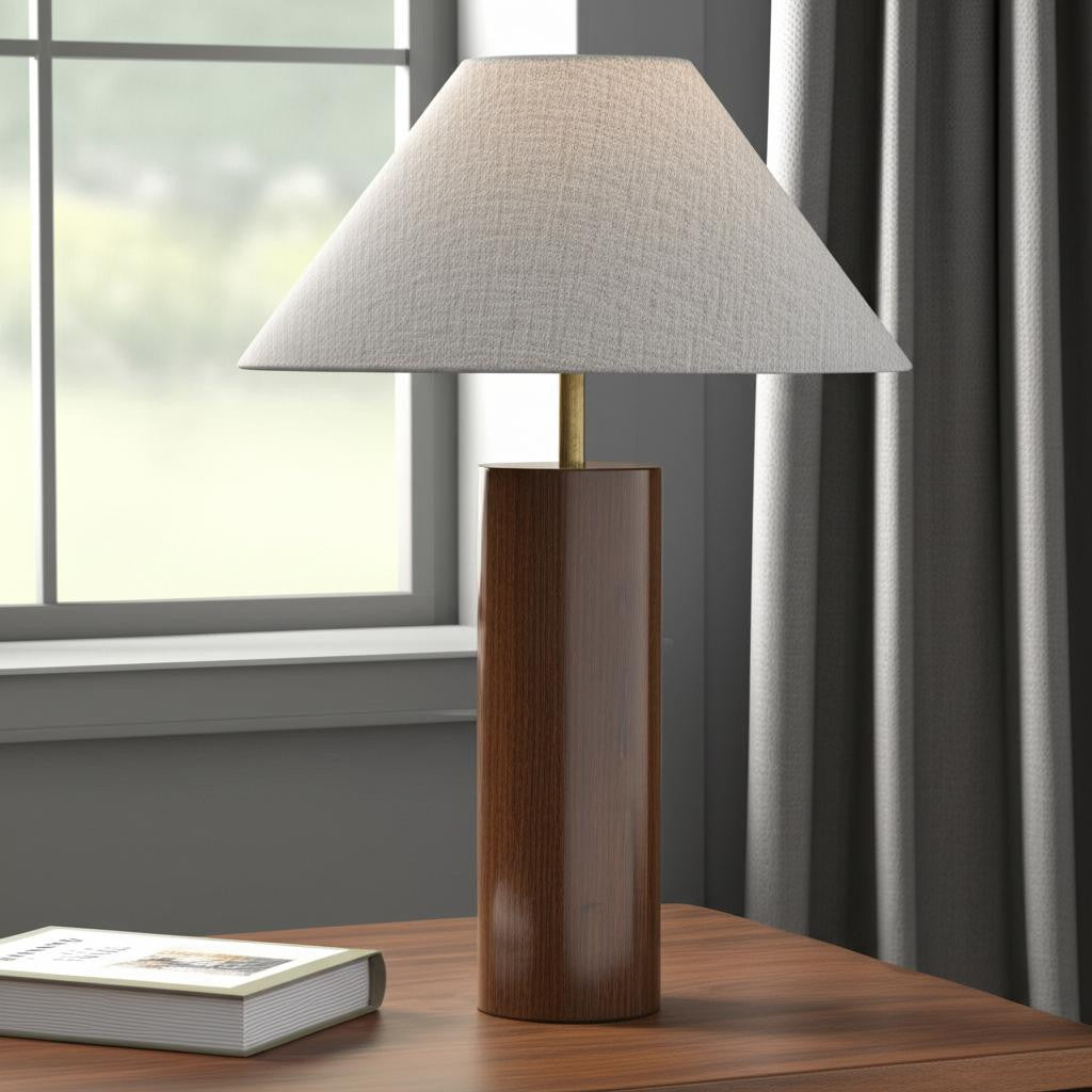 26" Natural Solid Wood Cylinder Table Lamp With White Cone Shade-Table Lamps-DECOROLALA
