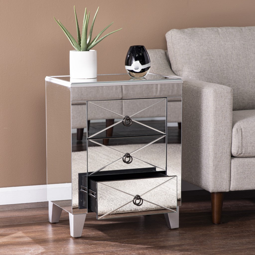 26" Silver End Table With Three Drawers-End-Side Tables-DECOROLALA