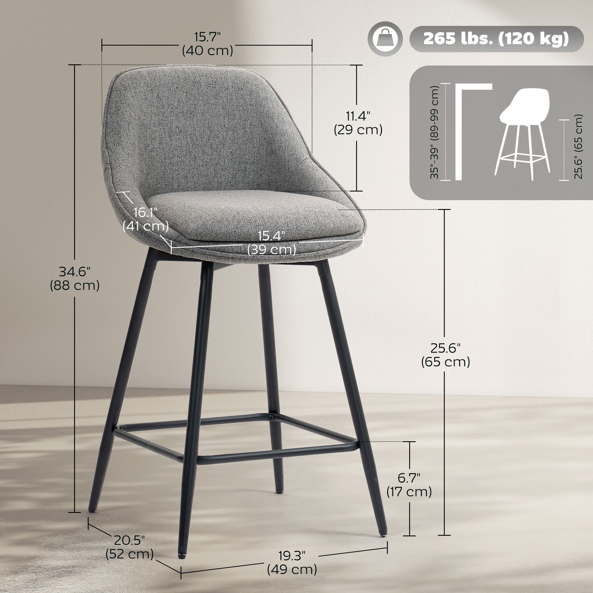 26" Swivel Bar Stools Set of 2 - Dark Grey Upholstered-DECOROLALA