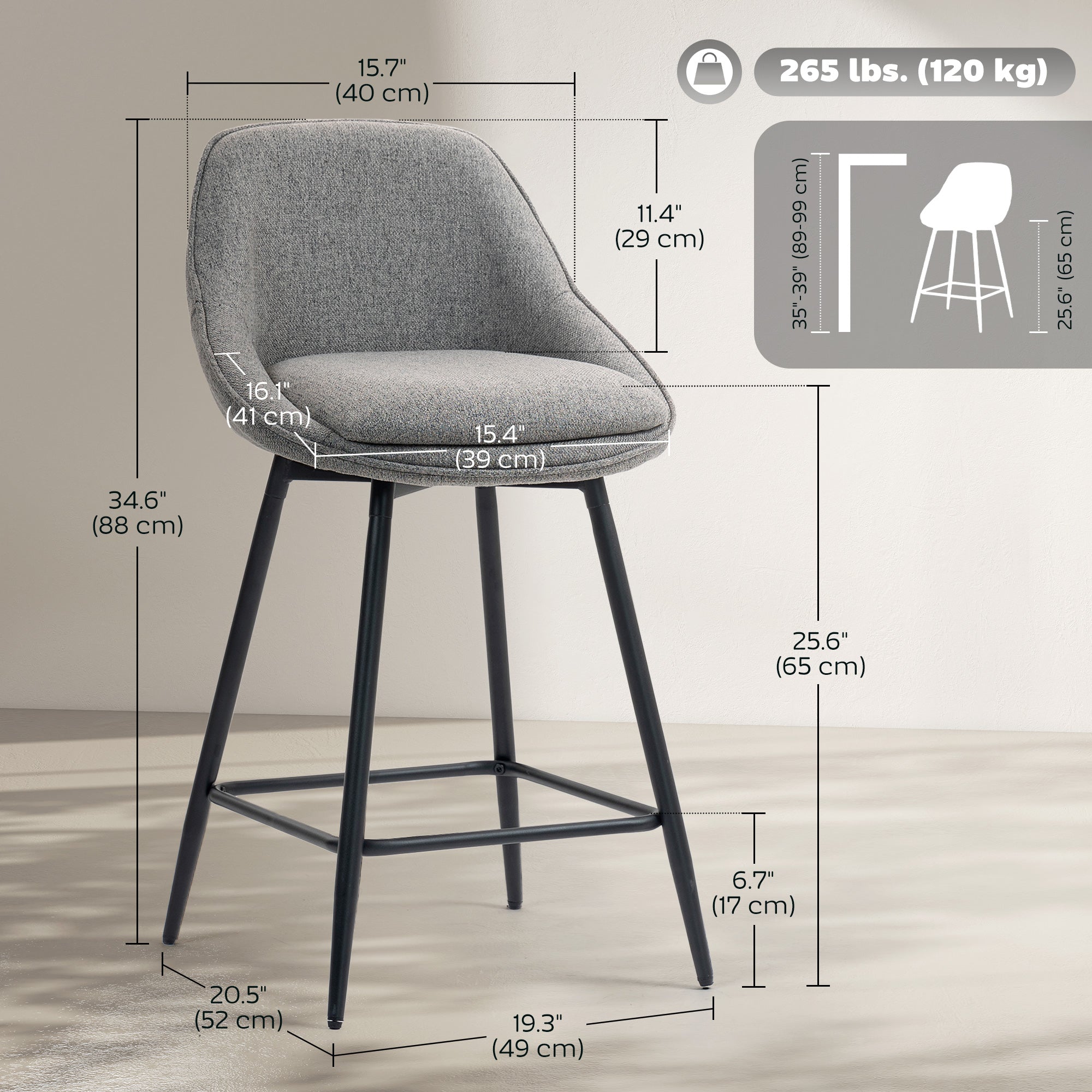 26" Swivel Bar Stools Set of 2 - Dark Grey Upholstered-DECOROLALA