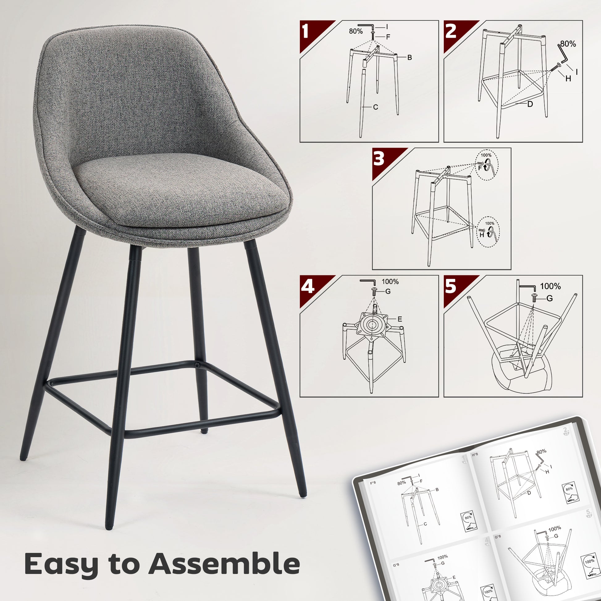 26" Swivel Bar Stools Set of 2 - Dark Grey Upholstered-DECOROLALA