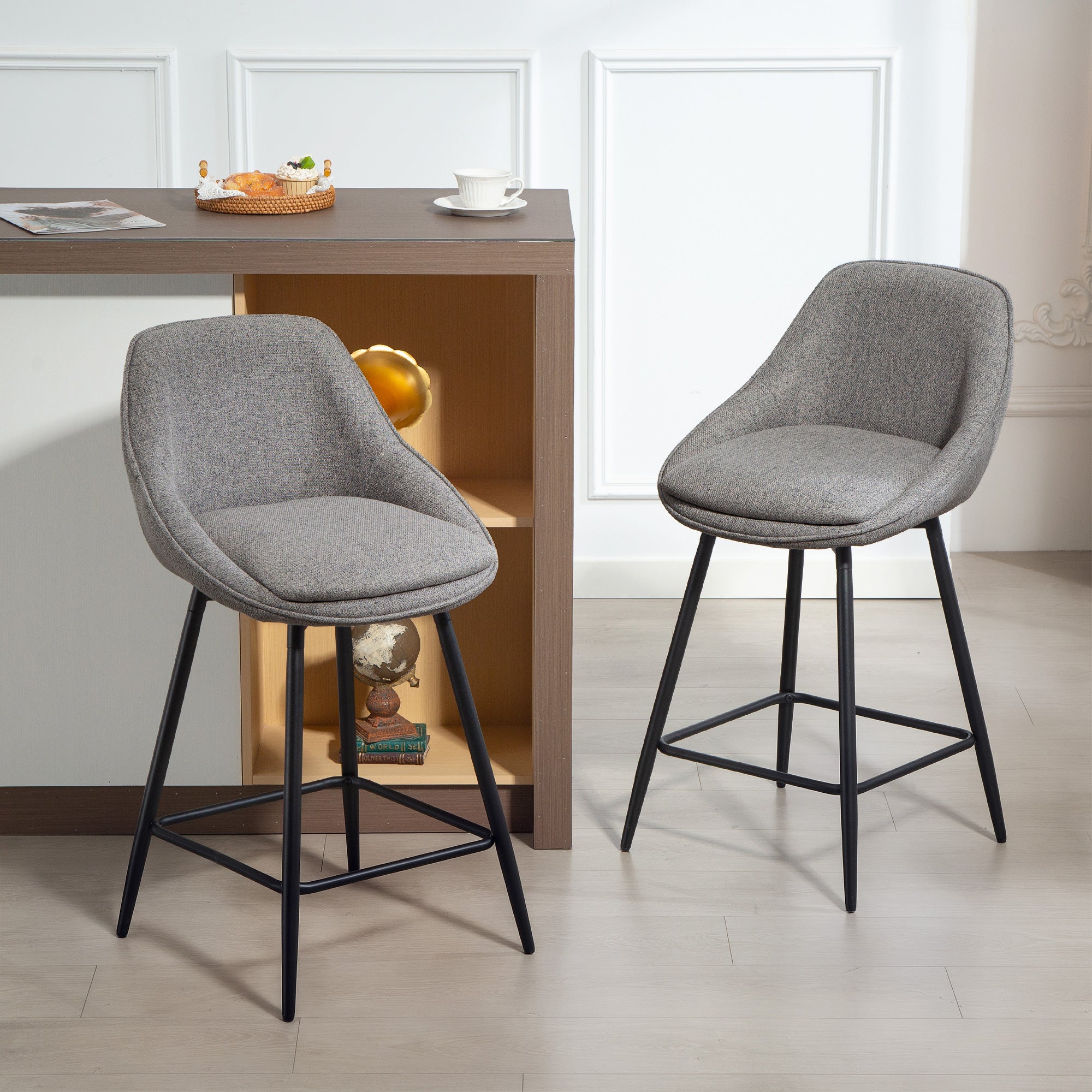 26" Swivel Bar Stools Set of 2 - Dark Grey Upholstered-DECOROLALA