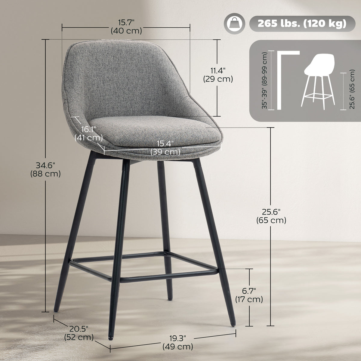 26" Swivel Bar Stools Set of 2 - Dark Grey Upholstered-Bar Stools-DECOROLALA