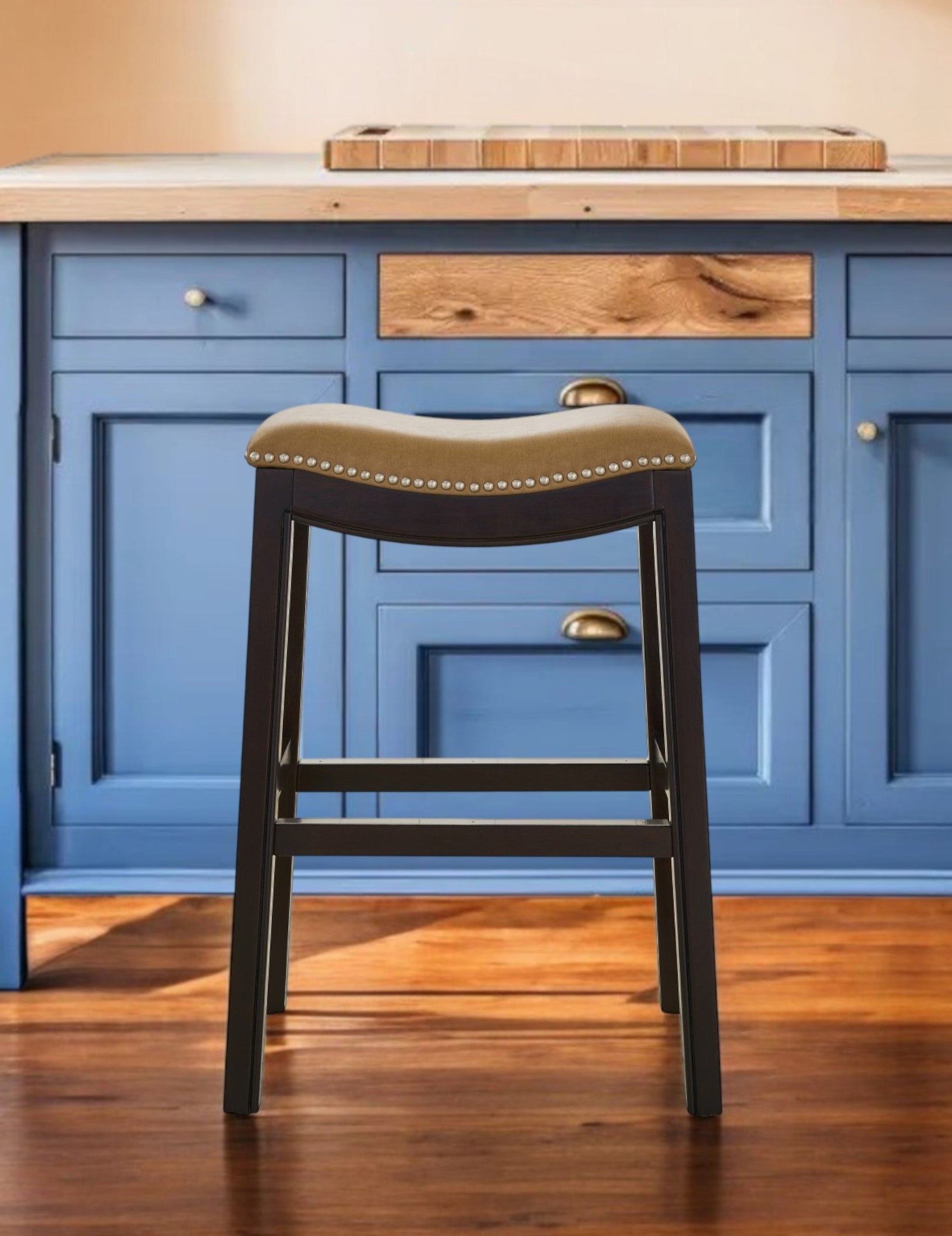 26" Tan and Espresso Solid Wood Backless Bar Height Bar Chair-Bar Chairs-DECOROLALA