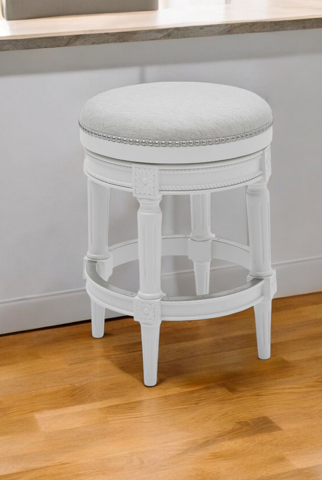 26" White Solid Wood and Fabric Backless Counter Height Swivel Bar Chair-Bar Chairs-DECOROLALA