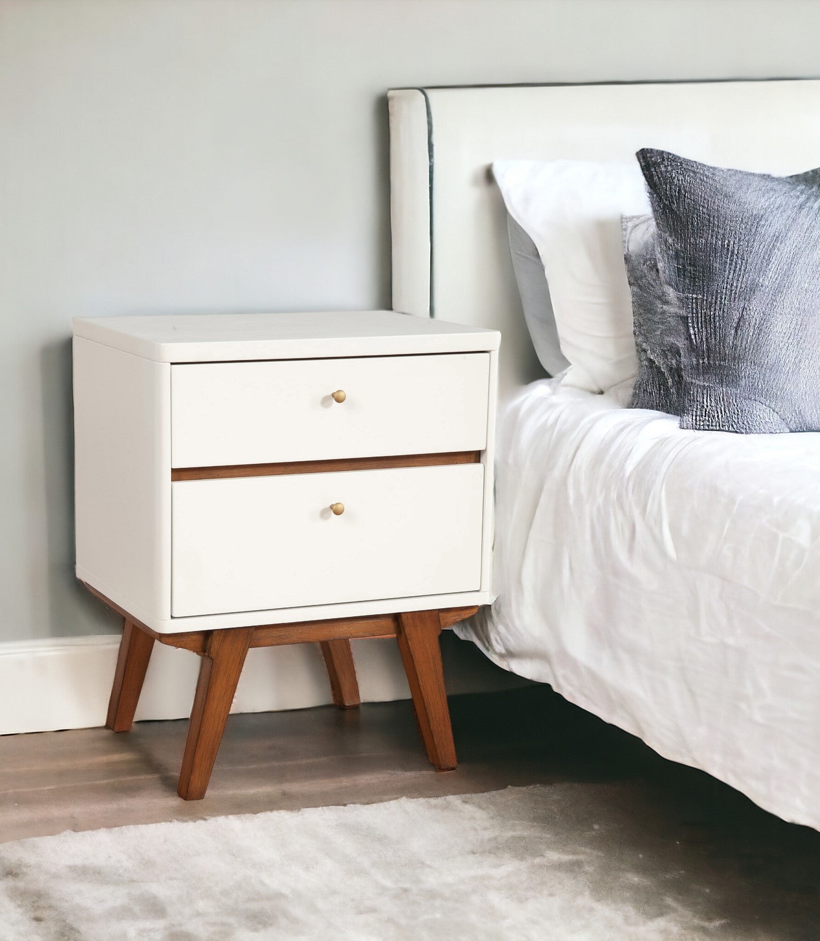 26" White Two Drawer Wood Nightstand-Nightstands & Bedside Tables-DECOROLALA