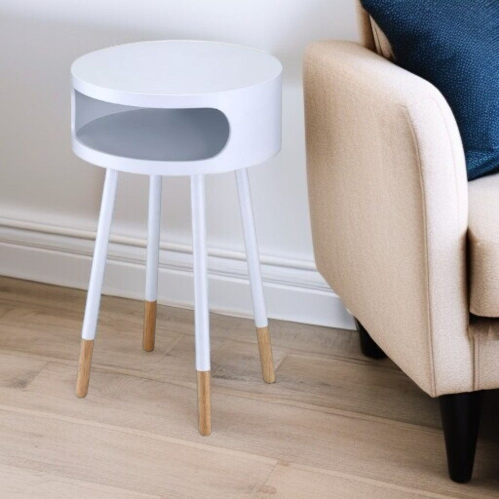 26" White and Natural Solid Wood Round End Table With Shelf-End-Side Tables-DECOROLALA