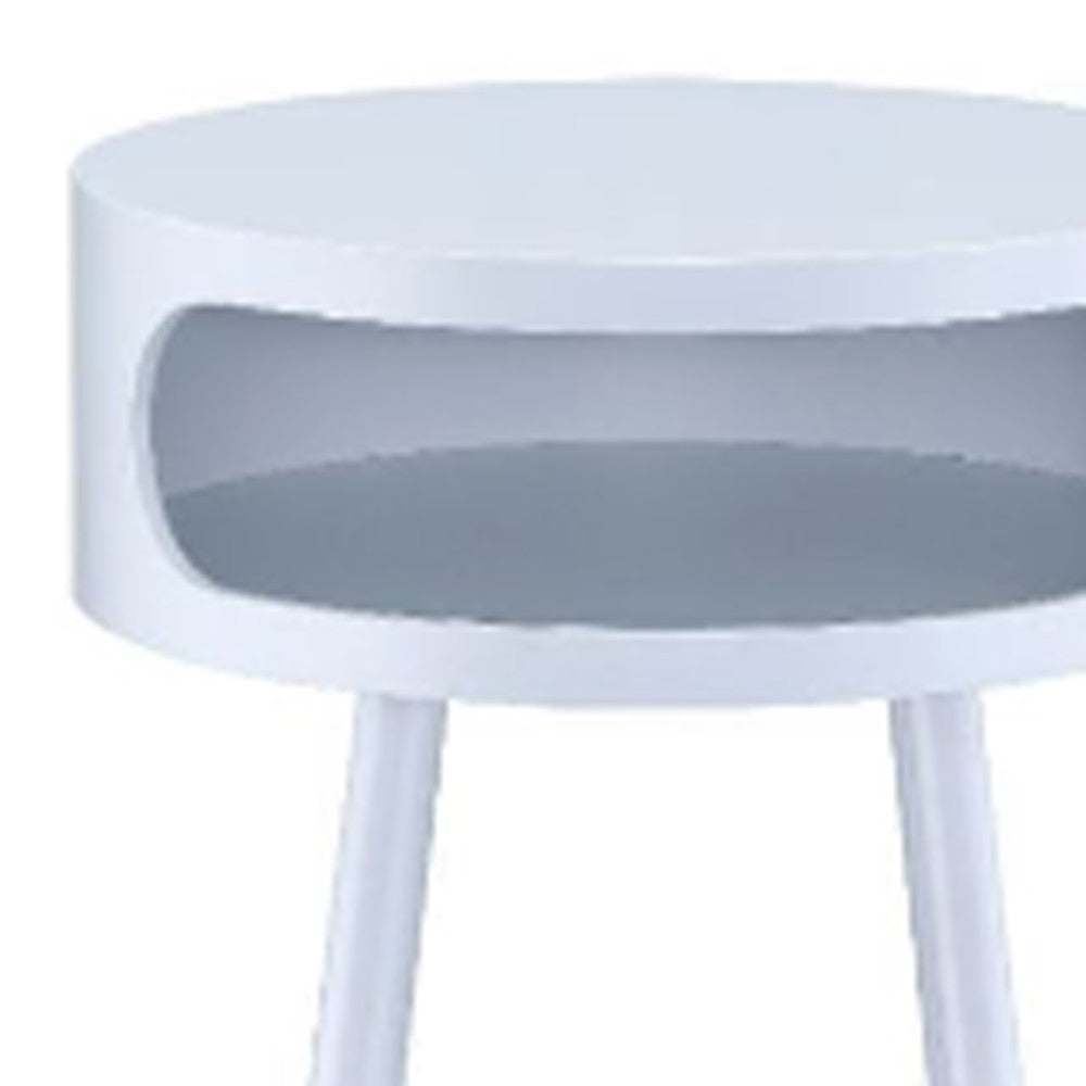 26" White and Natural Solid Wood Round End Table With Shelf-End-Side Tables-DECOROLALA