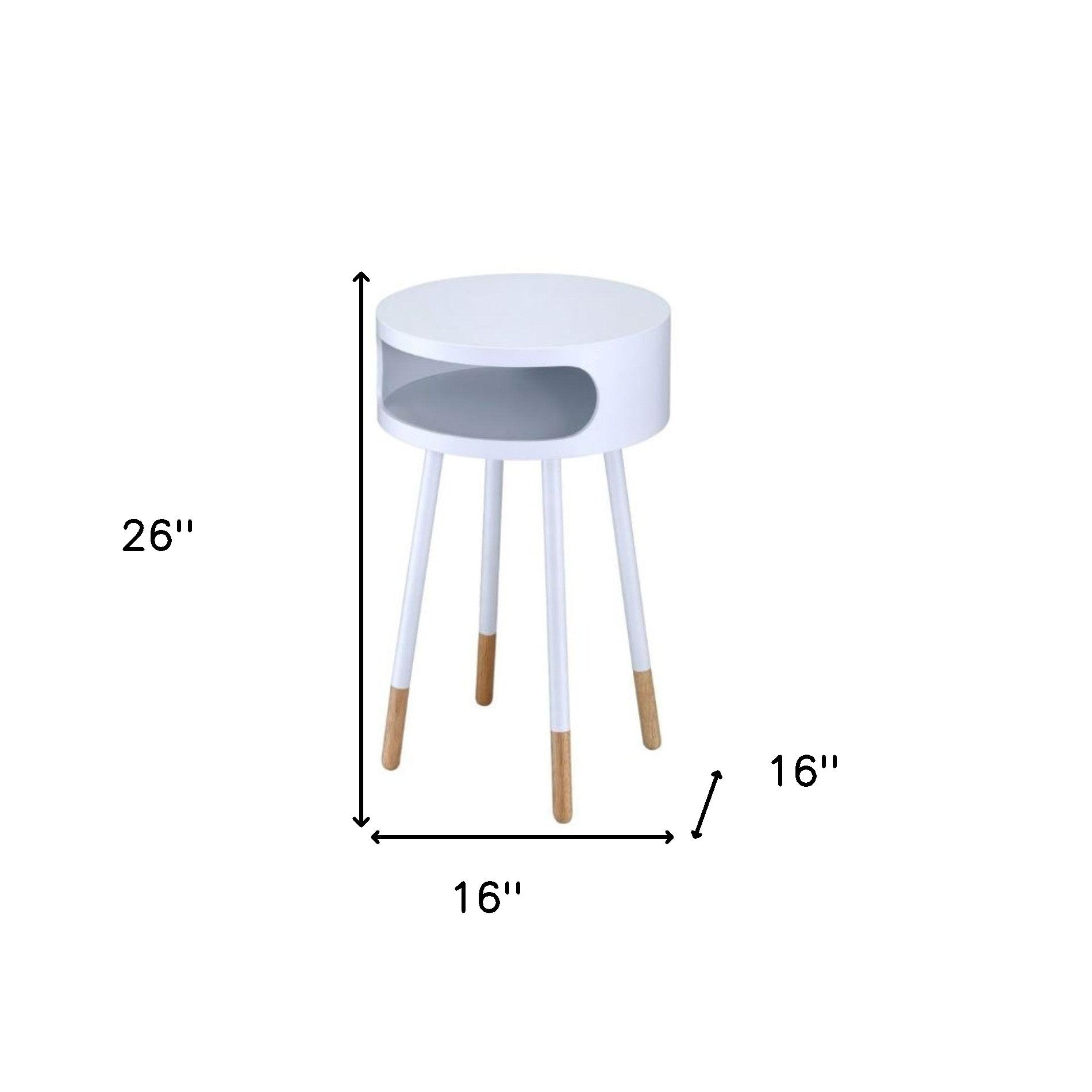 26" White and Natural Solid Wood Round End Table With Shelf-End-Side Tables-DECOROLALA