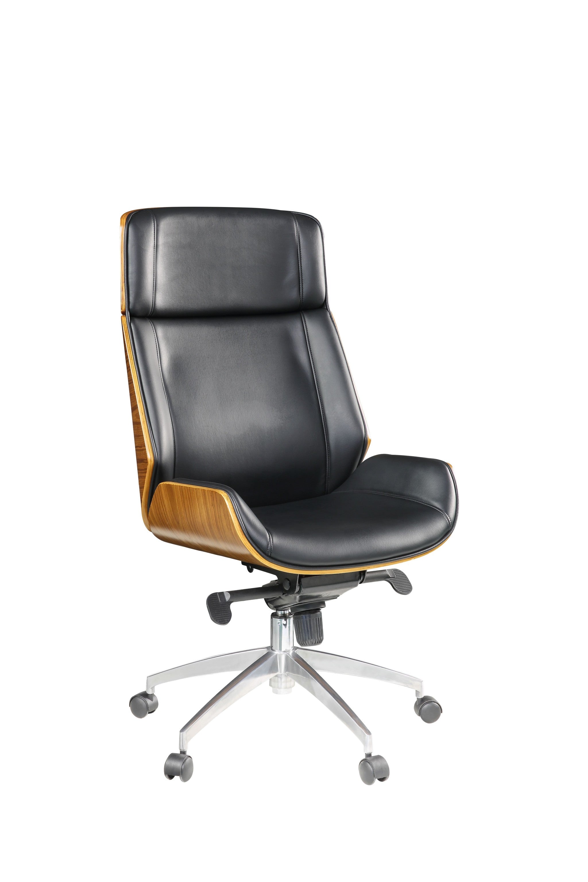 26" X 23" X 49" Black Bonded Leather And Bentwood Frame Executive Office Chair With Solid Chrome Base And Caster Wheels-Office Chairs-DECOROLALA