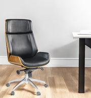 26" X 23" X 49" Black Bonded Leather And Bentwood Frame Executive Office Chair With Solid Chrome Base And Caster Wheels-Office Chairs-DECOROLALA