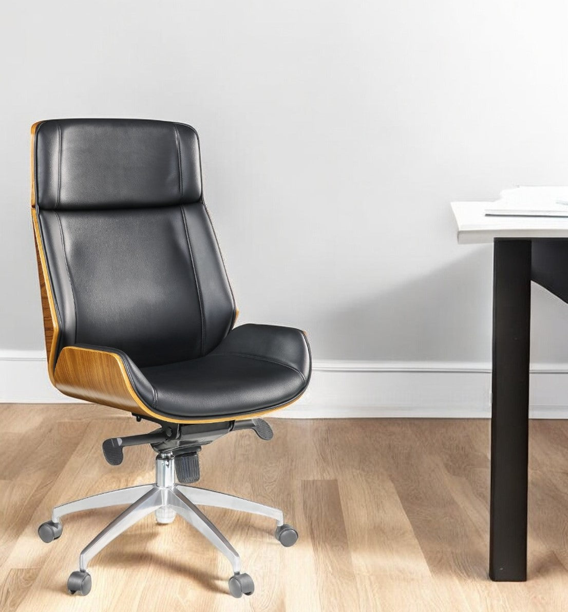 26" X 23" X 49" Black Bonded Leather And Bentwood Frame Executive Office Chair With Solid Chrome Base And Caster Wheels-Office Chairs-DECOROLALA