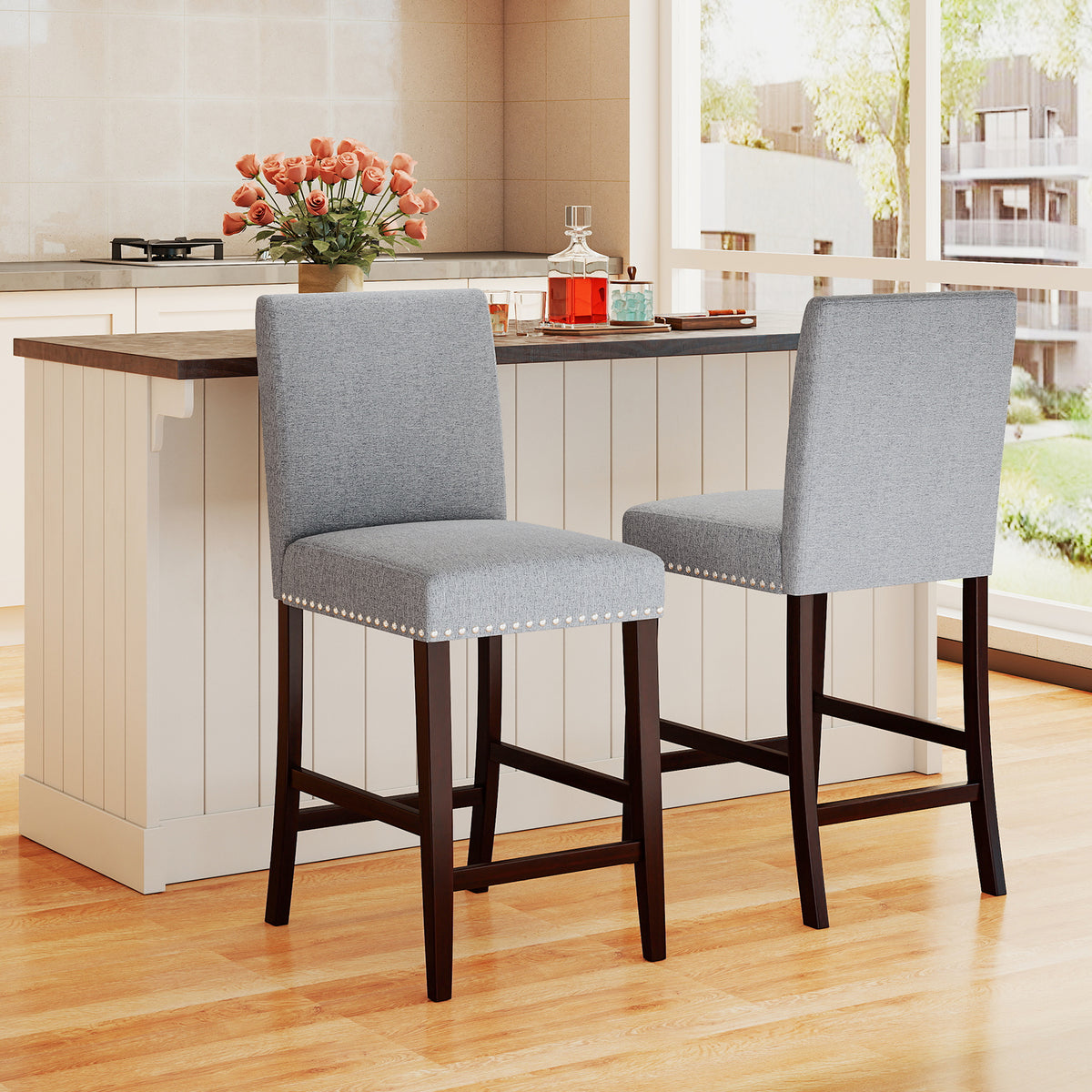 26 inch Counter Height Chairs Set of 2 with Padded Seat and Backrest-Gray-Dining Chairs-DECOROLALA