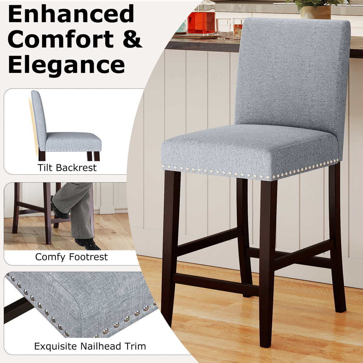 26 inch Counter Height Chairs Set of 2 with Padded Seat and Backrest-Gray-Dining Chairs-DECOROLALA