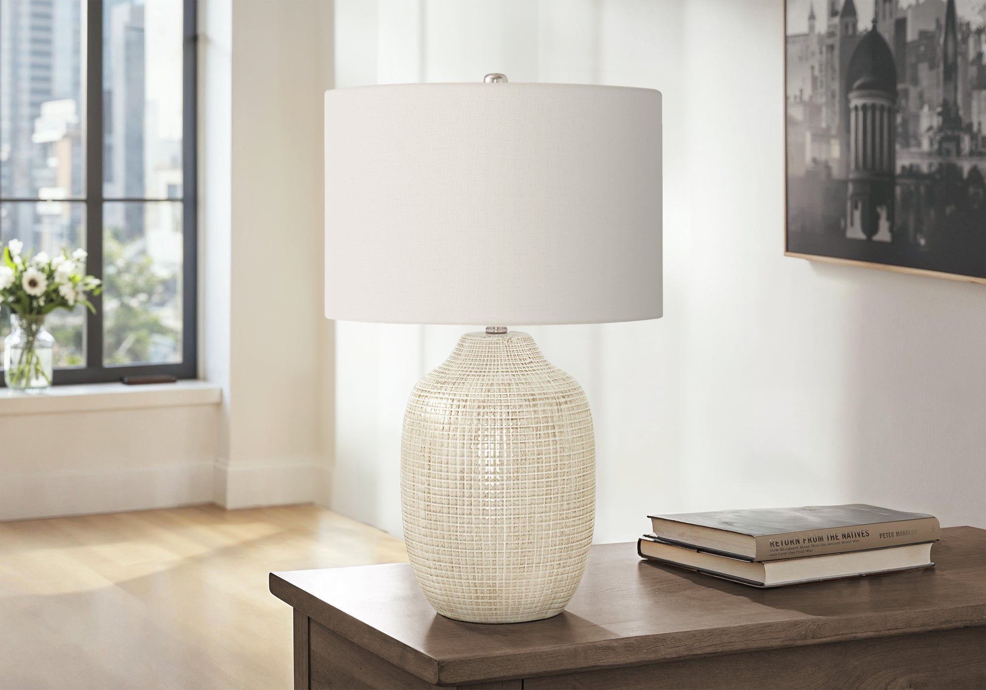 26"H Cream Ceramic Ginger Jar Table Lamp with Ivory Shade-Lighting-DECOROLALA
