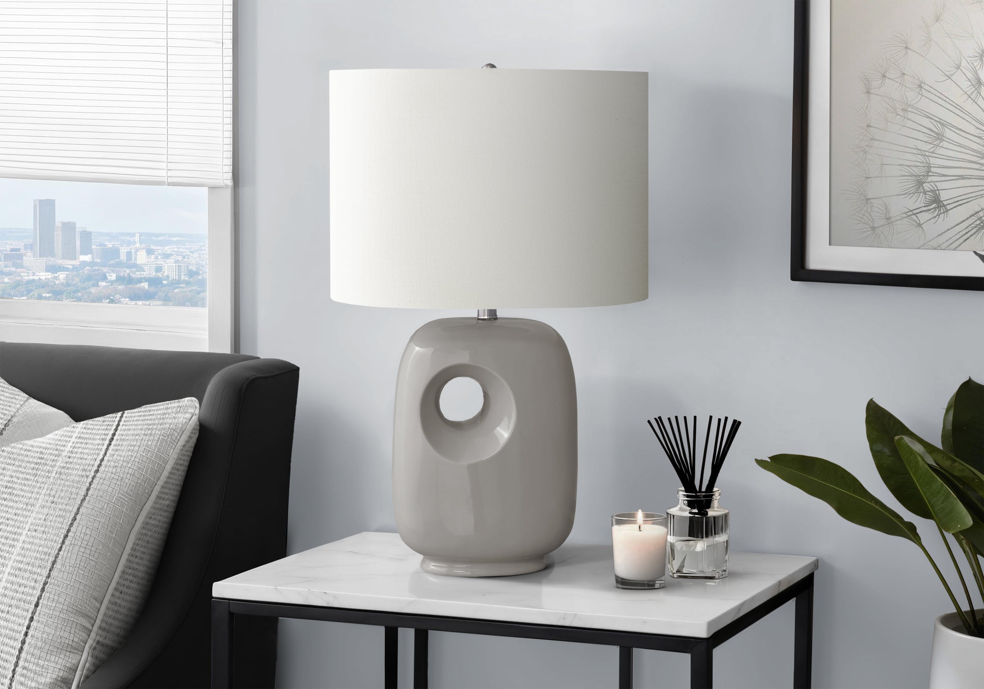 26"H Grey Ceramic Table Lamp with Ivory Shade-Lighting-DECOROLALA