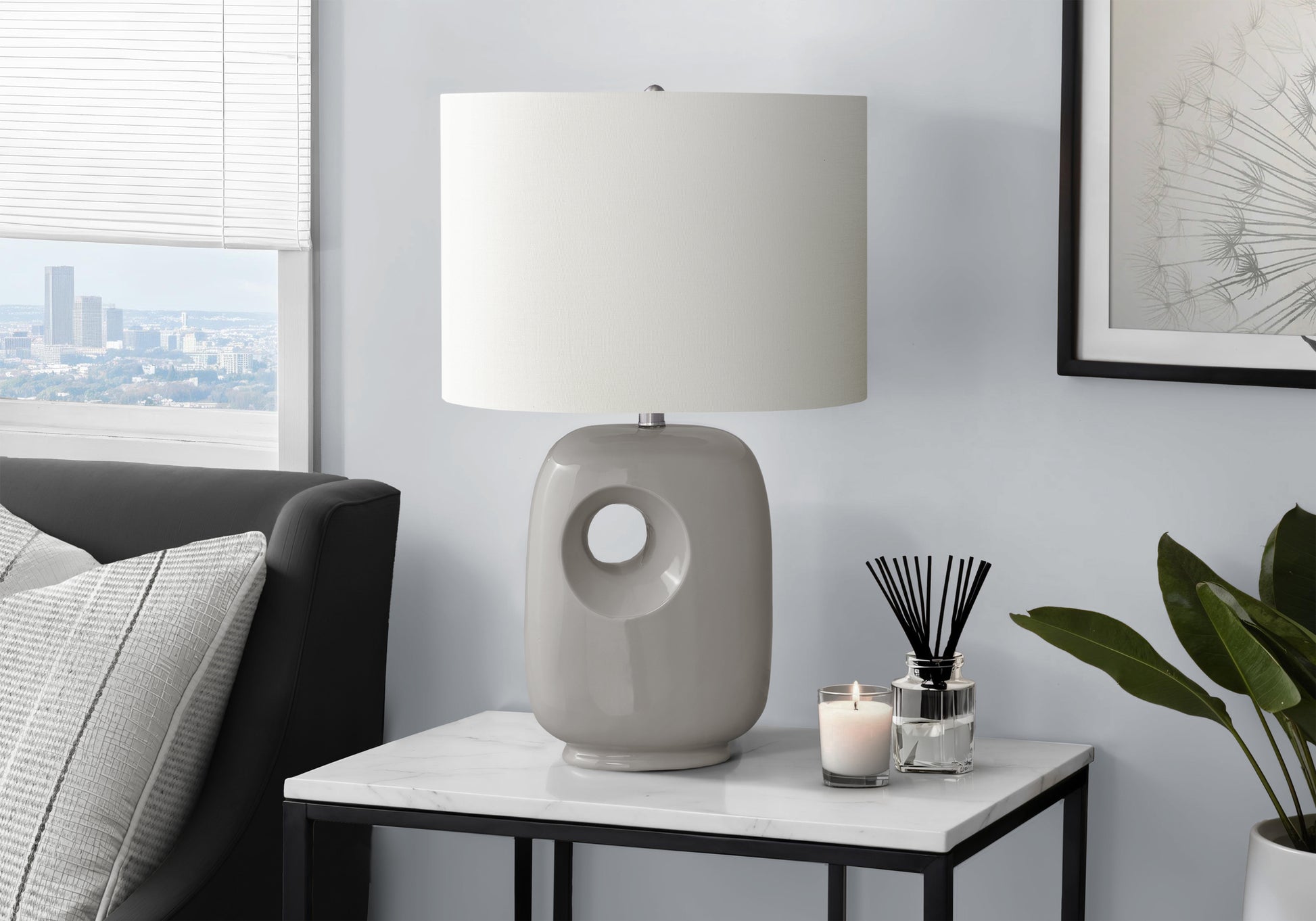 26"H Grey Ceramic Table Lamp with Ivory Shade-Lighting-DECOROLALA