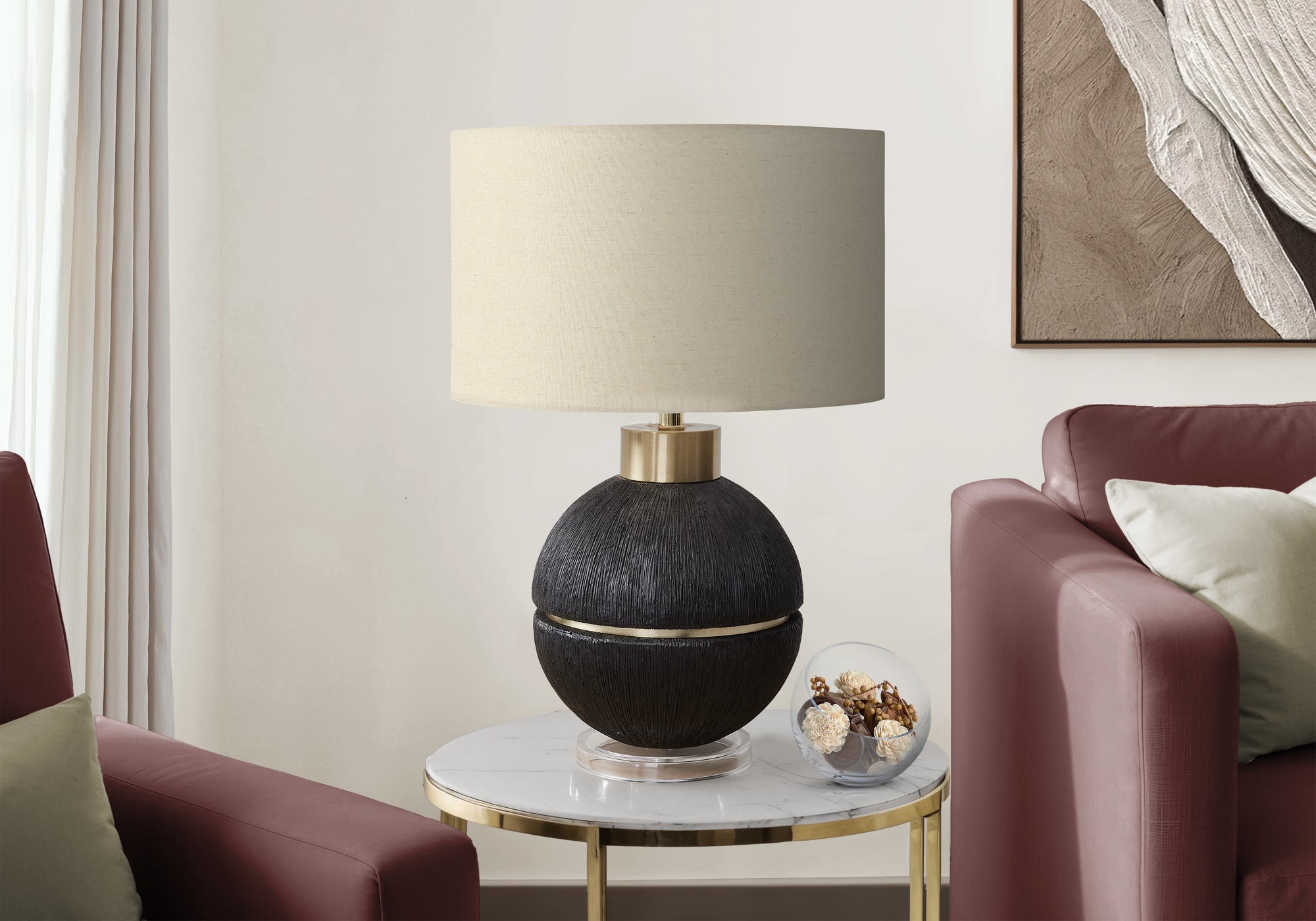 26"H Table Lamp Brown Resin Gold Accent Beige Shade-Lighting-DECOROLALA