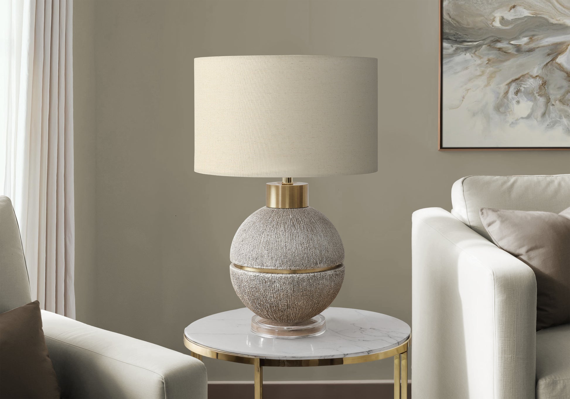 26"H Table Lamp Brown Resin Gold Accent Beige Shade-Lighting-DECOROLALA