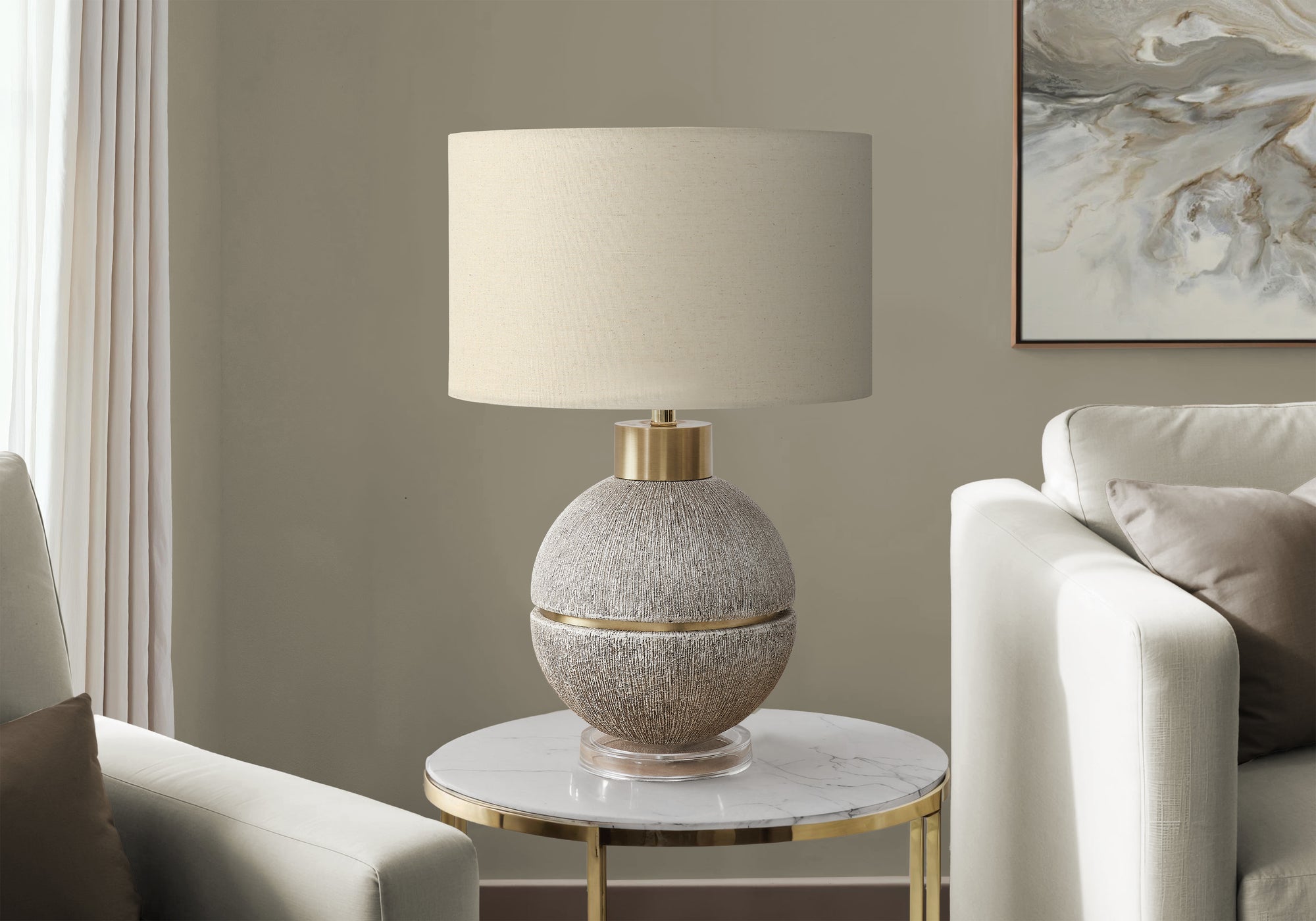 26"H Table Lamp Brown Resin Gold Accent Beige Shade-Lighting-DECOROLALA