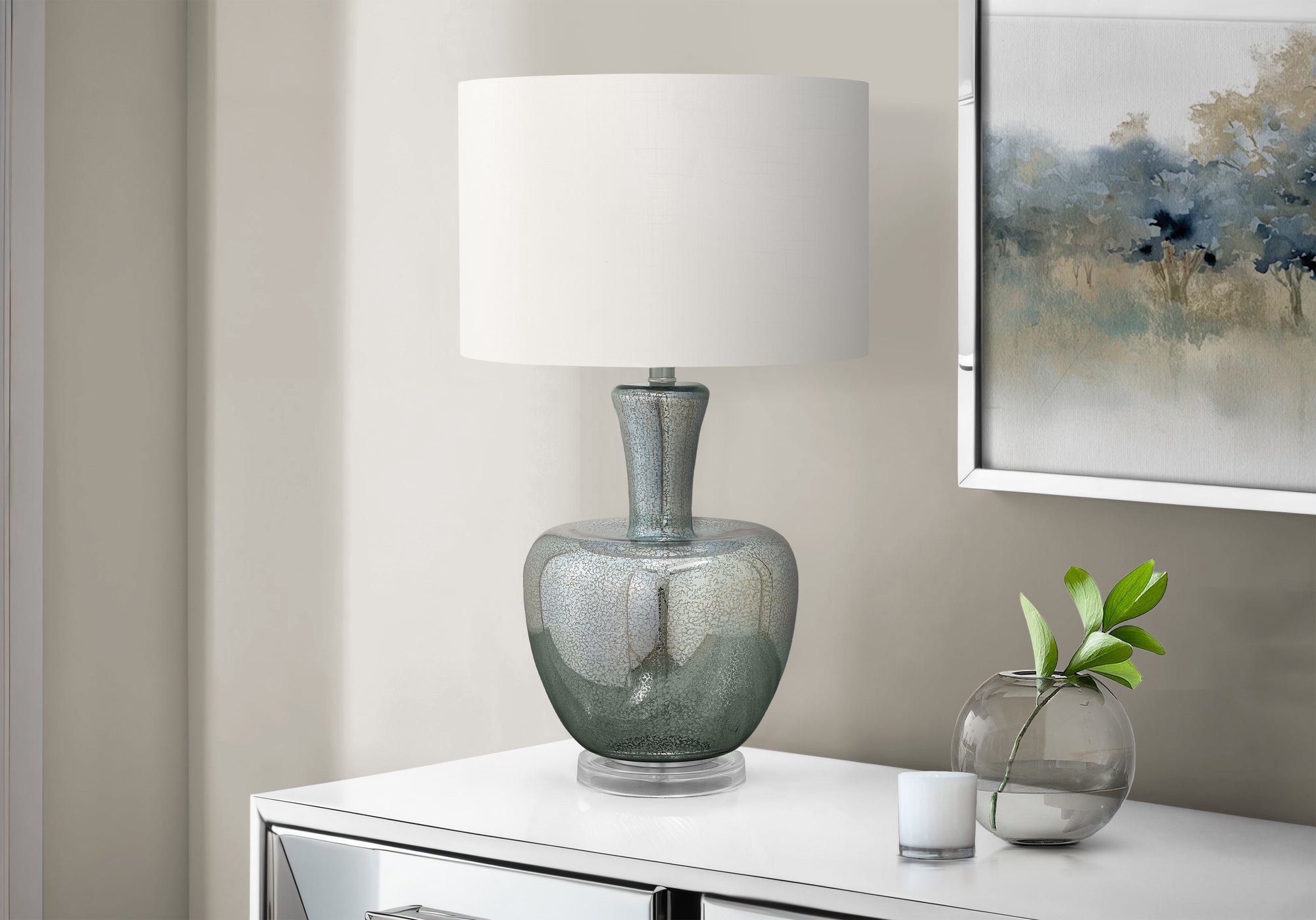 26"H Table Lamp Silver Glass Ivory Shade-Lighting-DECOROLALA