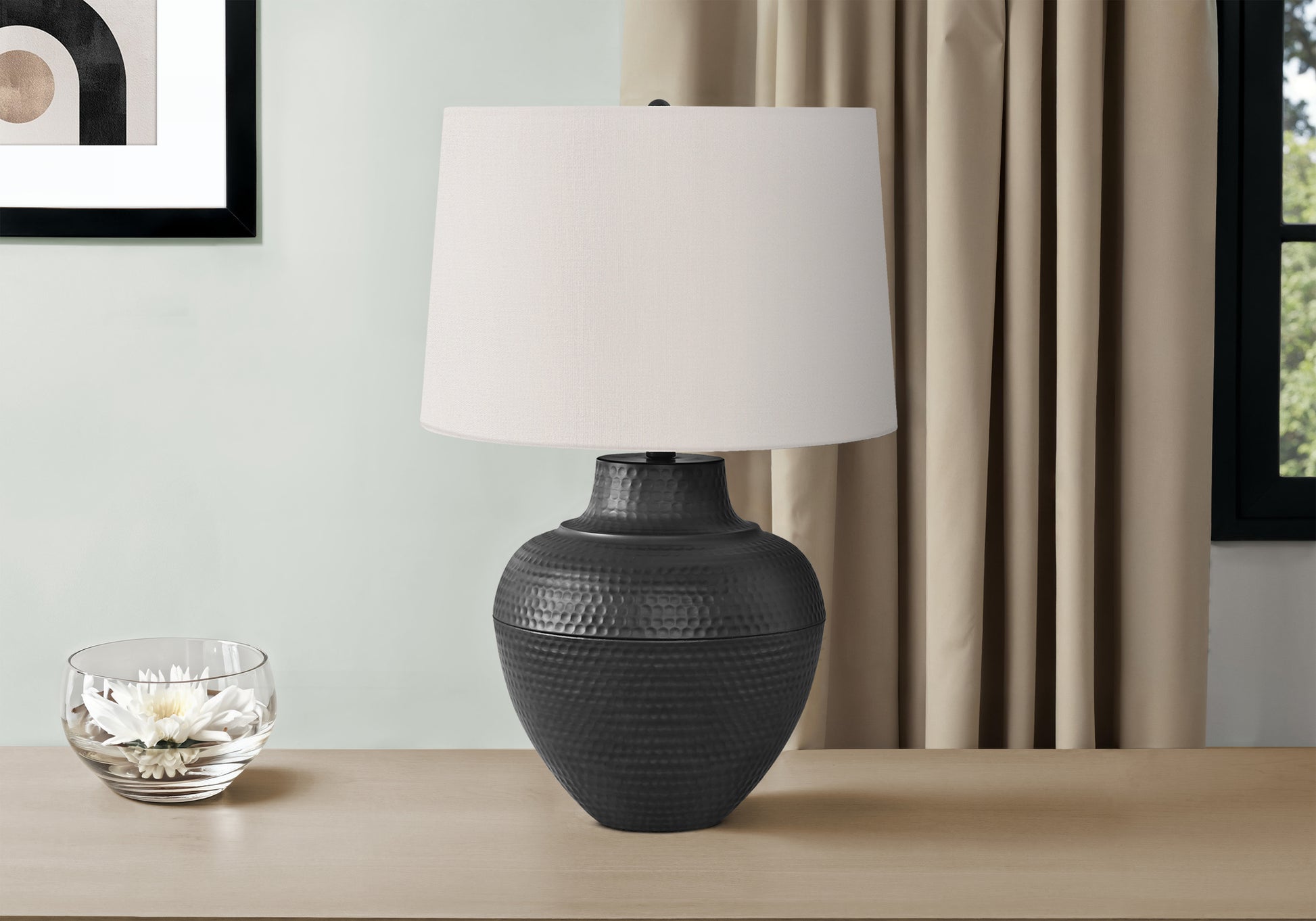 26"H Urn Table Lamp Black Metal Ivory Shade-Lighting-DECOROLALA