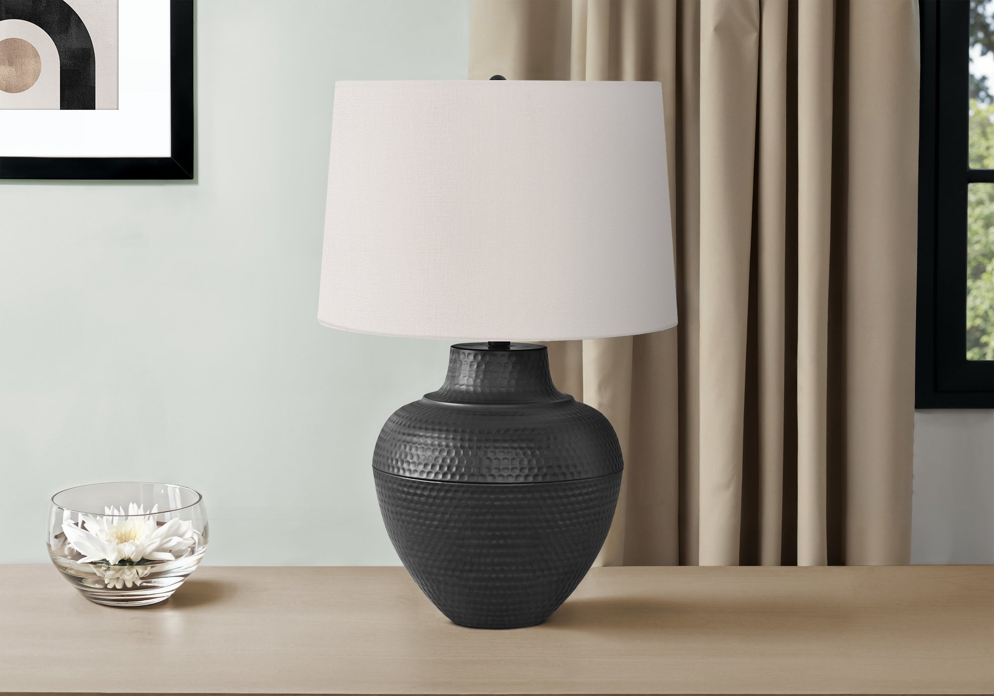 26"H Urn Table Lamp Black Metal Ivory Shade-Lighting-DECOROLALA