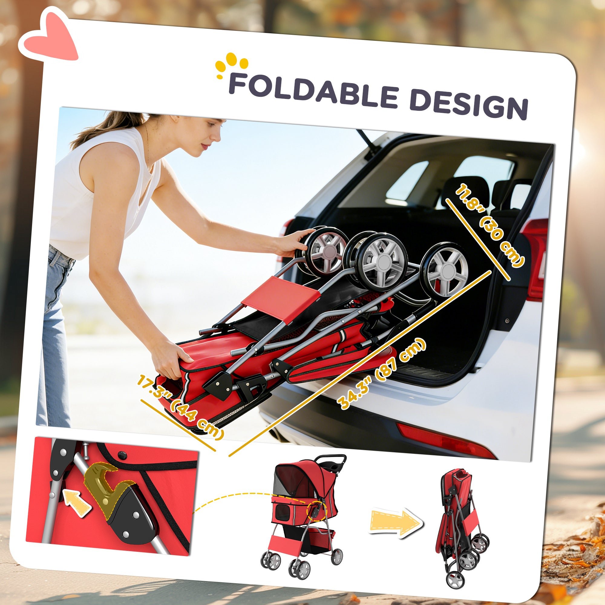 Pet Stroller with Reflective Strips, Foldable Cat Stroller with 360° Swivel Wheels for Small Dogs and Cats, Red