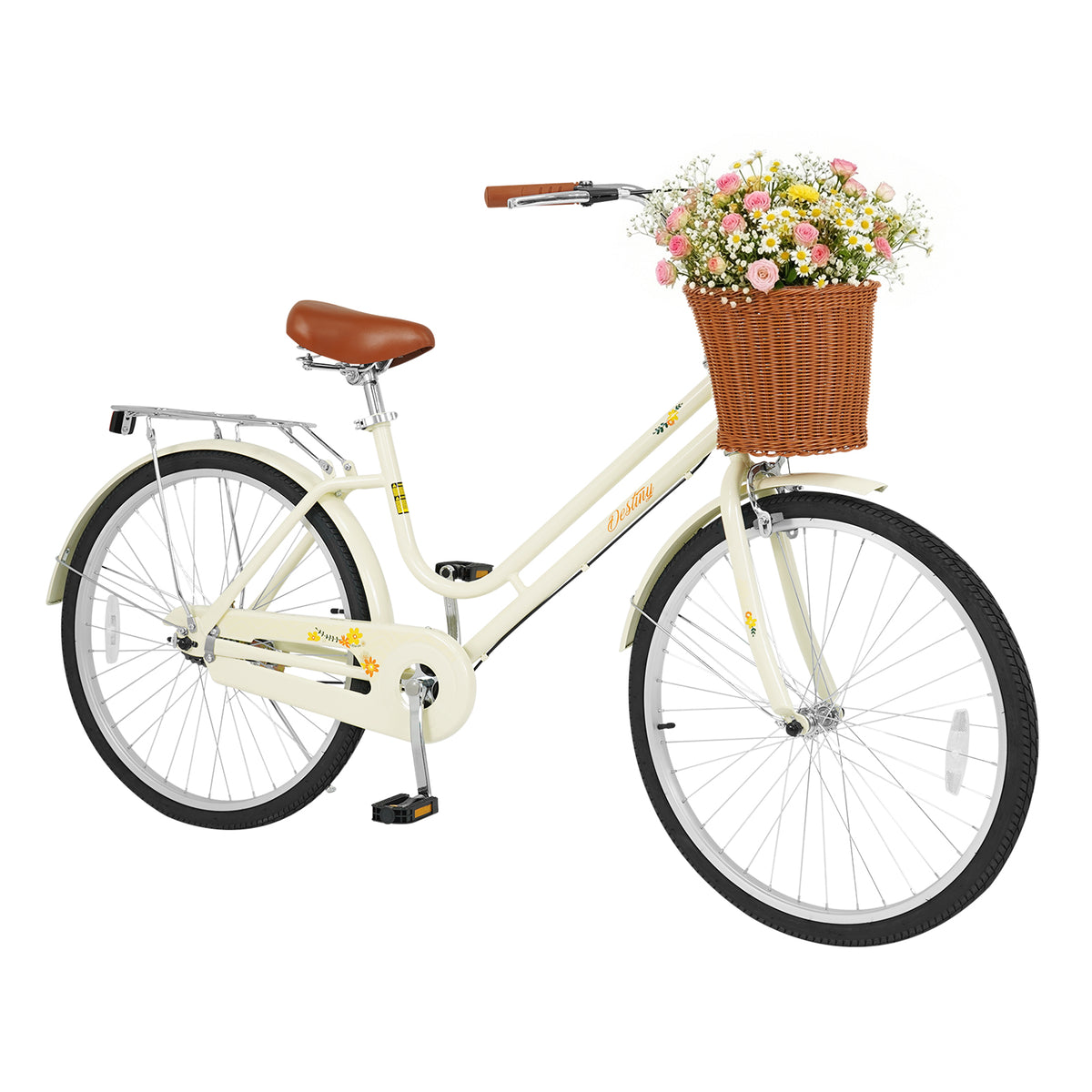 Vélo cruiser de plage pour femmes avec panier tressé et porte-bagages arrière