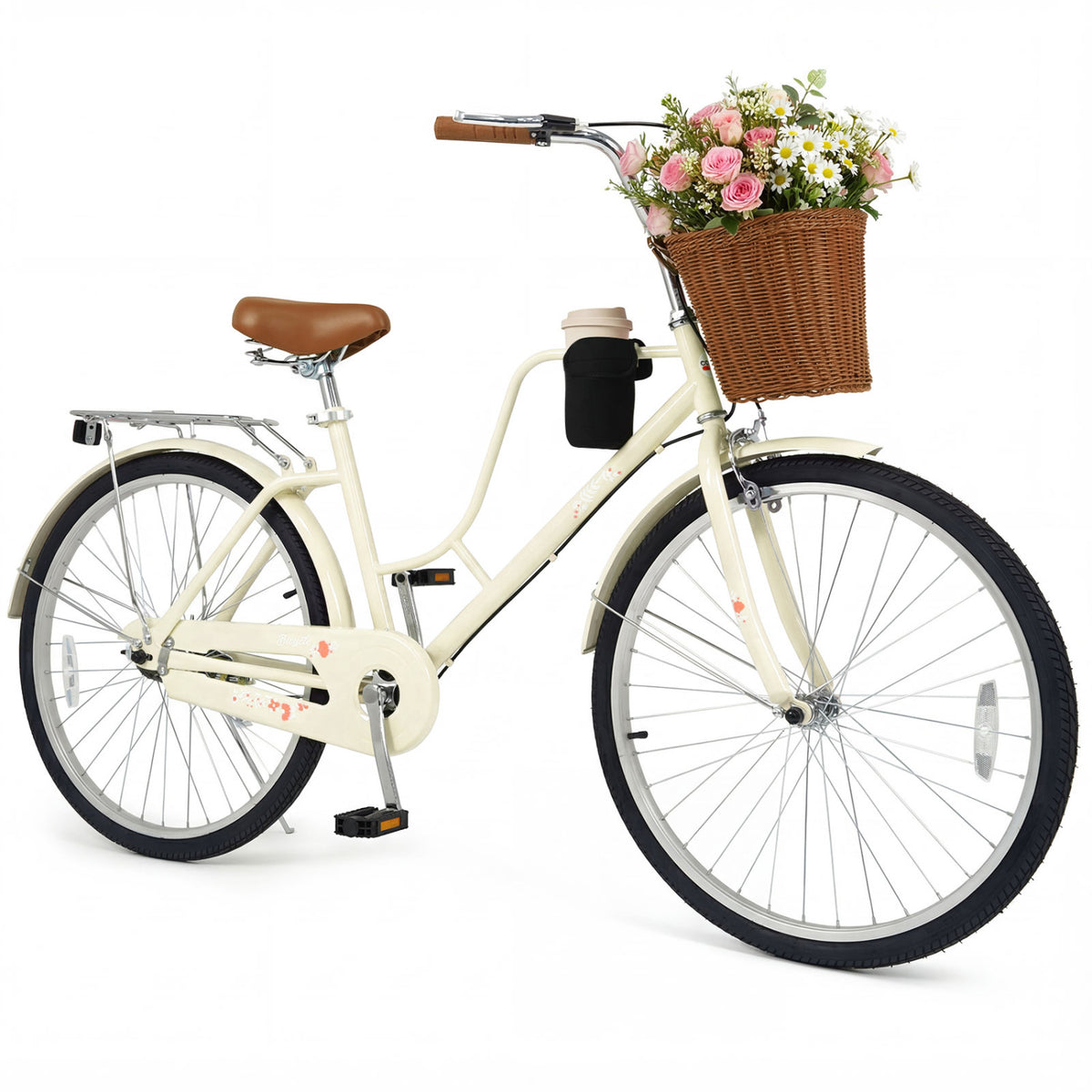 Vélo de plage - roues de 24"/26", panier tressé, porte-gobelet, blanc cassé