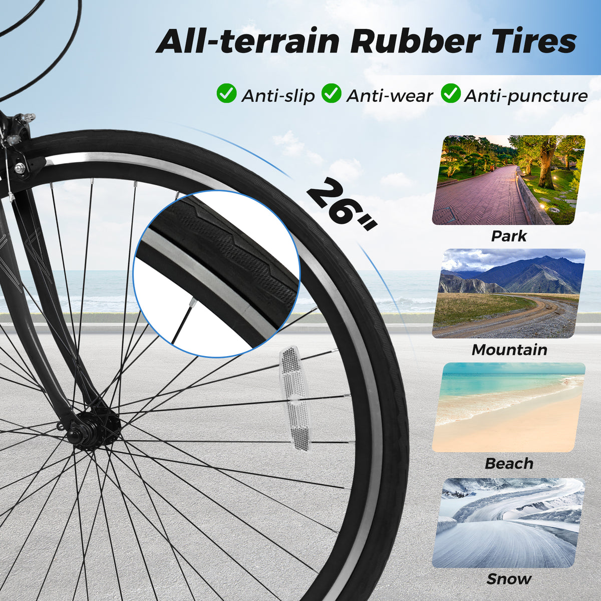 Mountain Bike Adjustable with 6-Speed and All-terrain Rubber Wheels