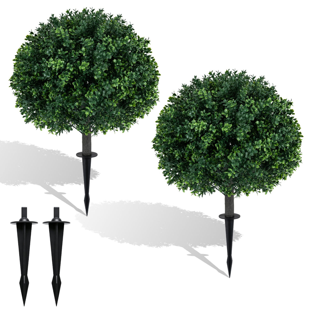 27" Artificial Boxwood Topiary Trees Set of 2 with Ground Spikes for Porch Patio-Artificial Plants-DECOROLALA