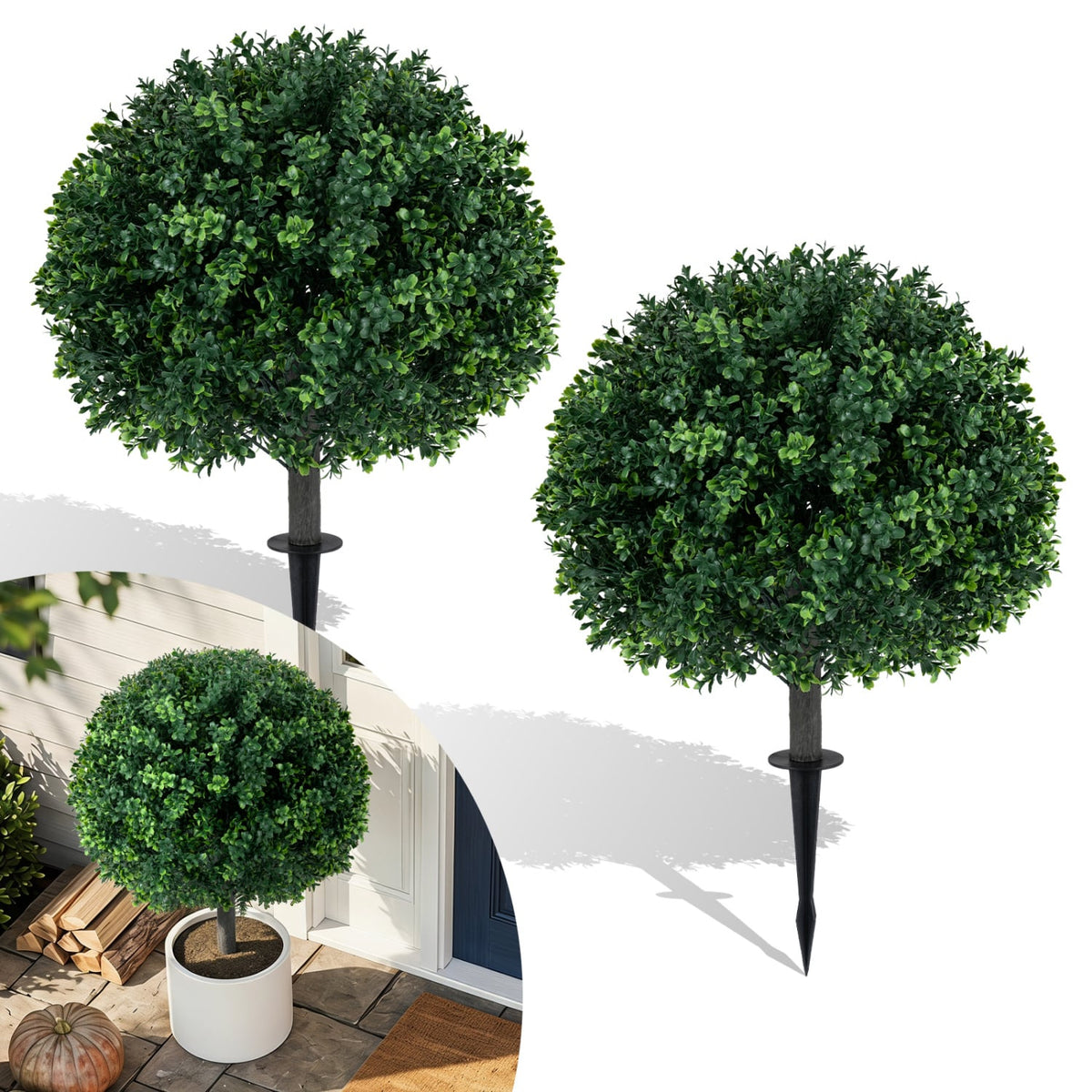 27" Artificial Boxwood Topiary Trees Set of 2 with Ground Spikes for Porch Patio-Artificial Plants-DECOROLALA