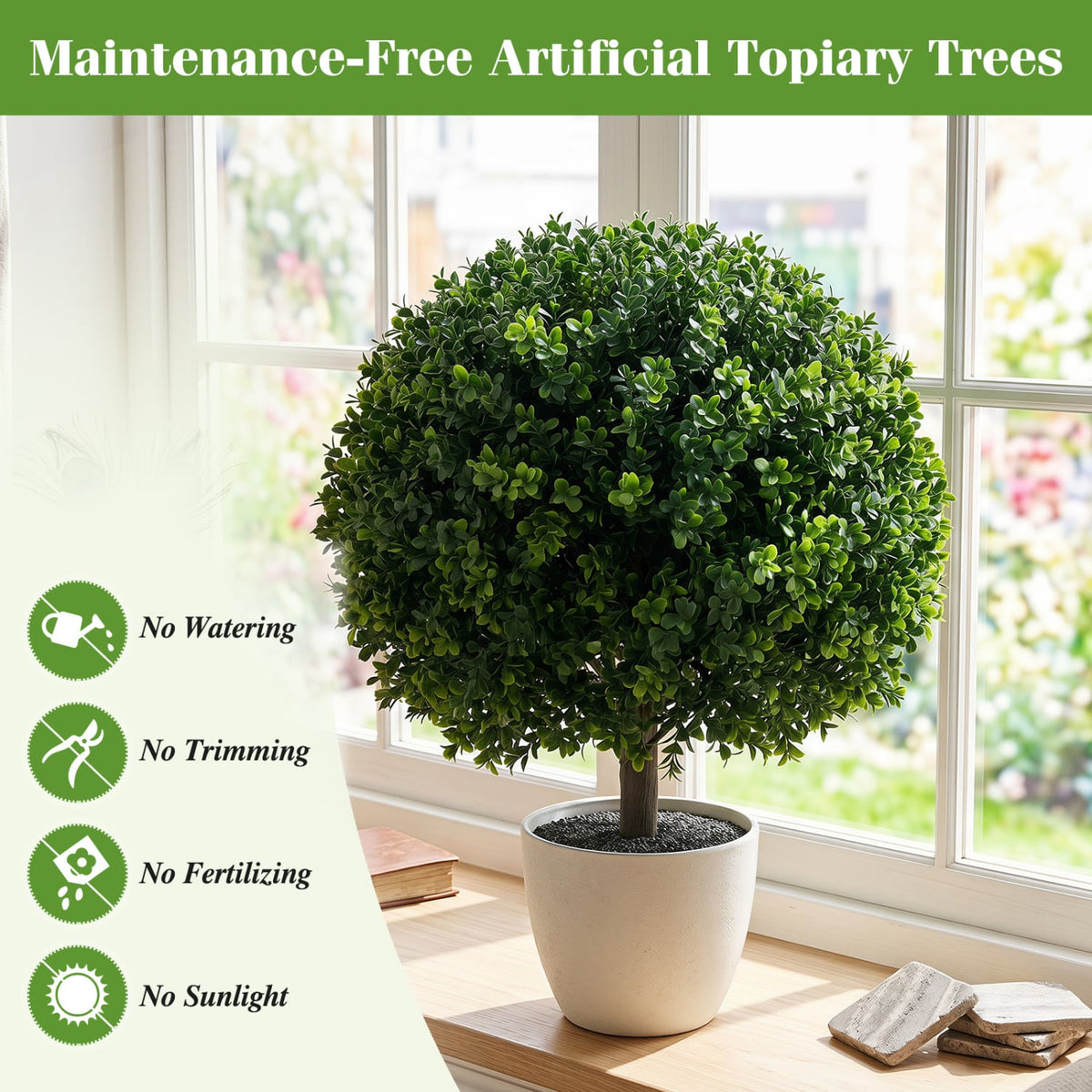 27" Artificial Boxwood Topiary Trees Set of 2 with Ground Spikes for Porch Patio-Artificial Plants-DECOROLALA