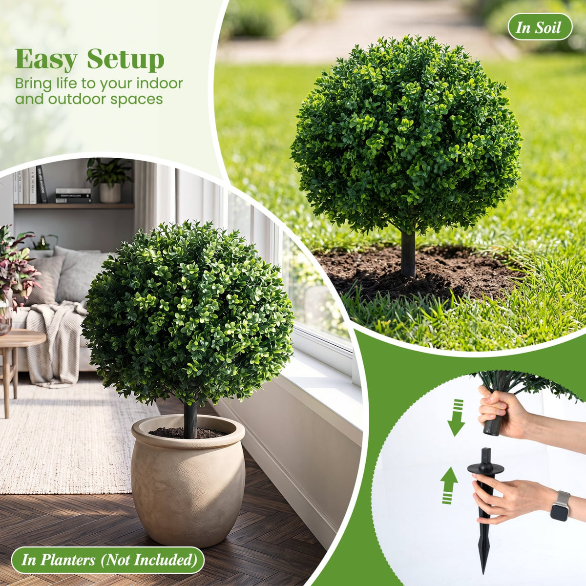 27" Artificial Boxwood Topiary Trees Set of 2 with Ground Spikes for Porch Patio-Artificial Plants-DECOROLALA