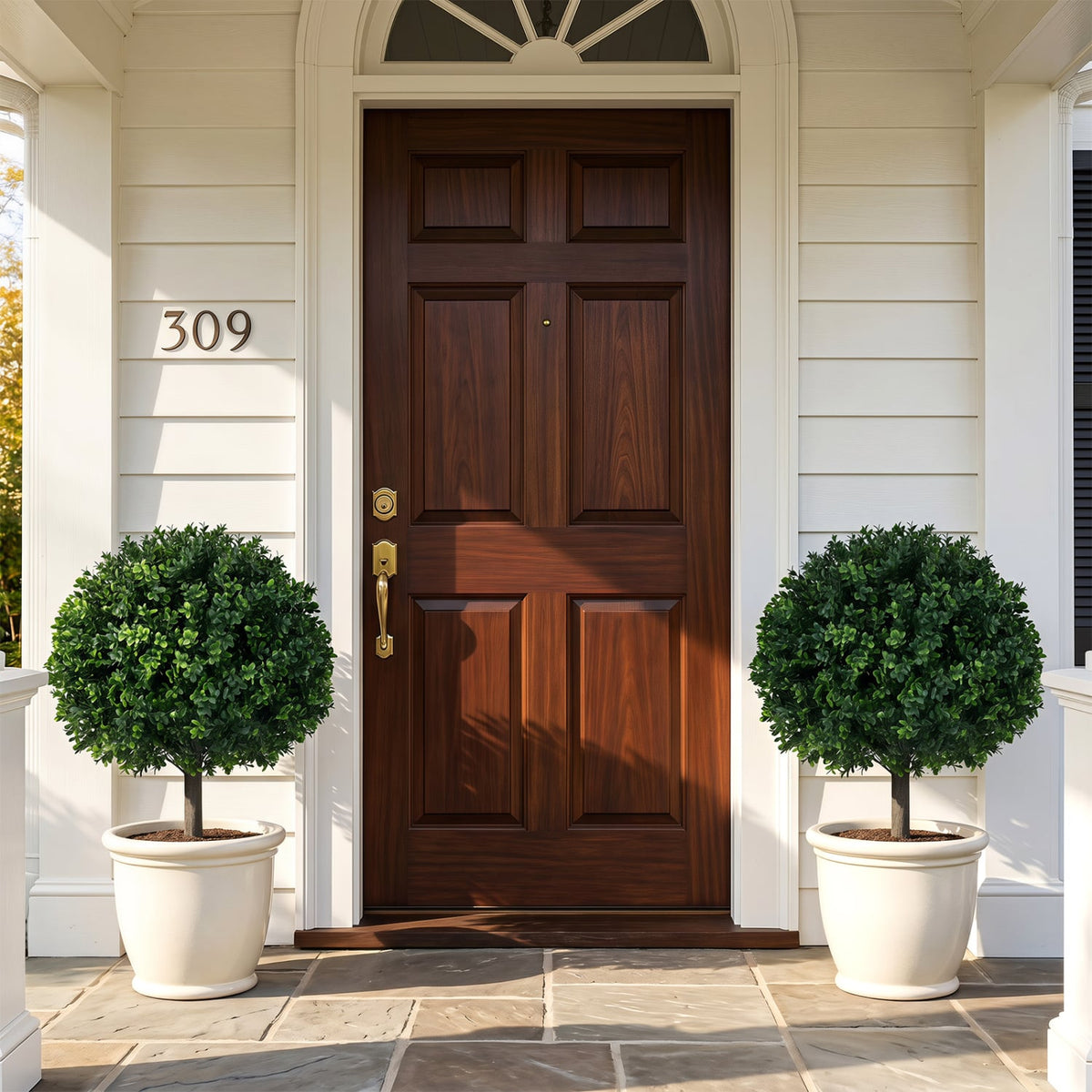 27" Artificial Boxwood Topiary Trees Set of 2 with Ground Spikes for Porch Patio-Artificial Plants-DECOROLALA