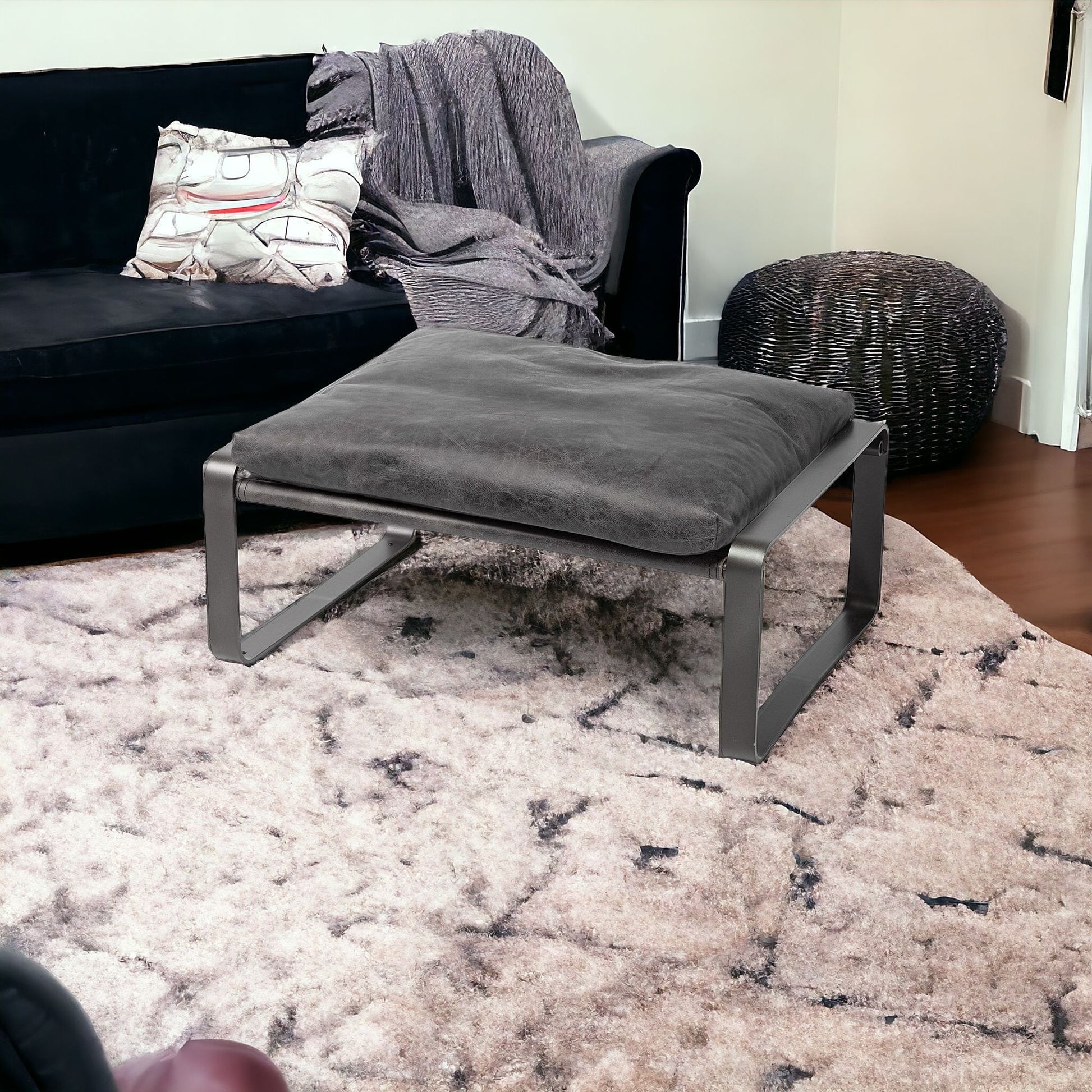 27" Black Genuine Leather Ottoman-Ottomans-DECOROLALA