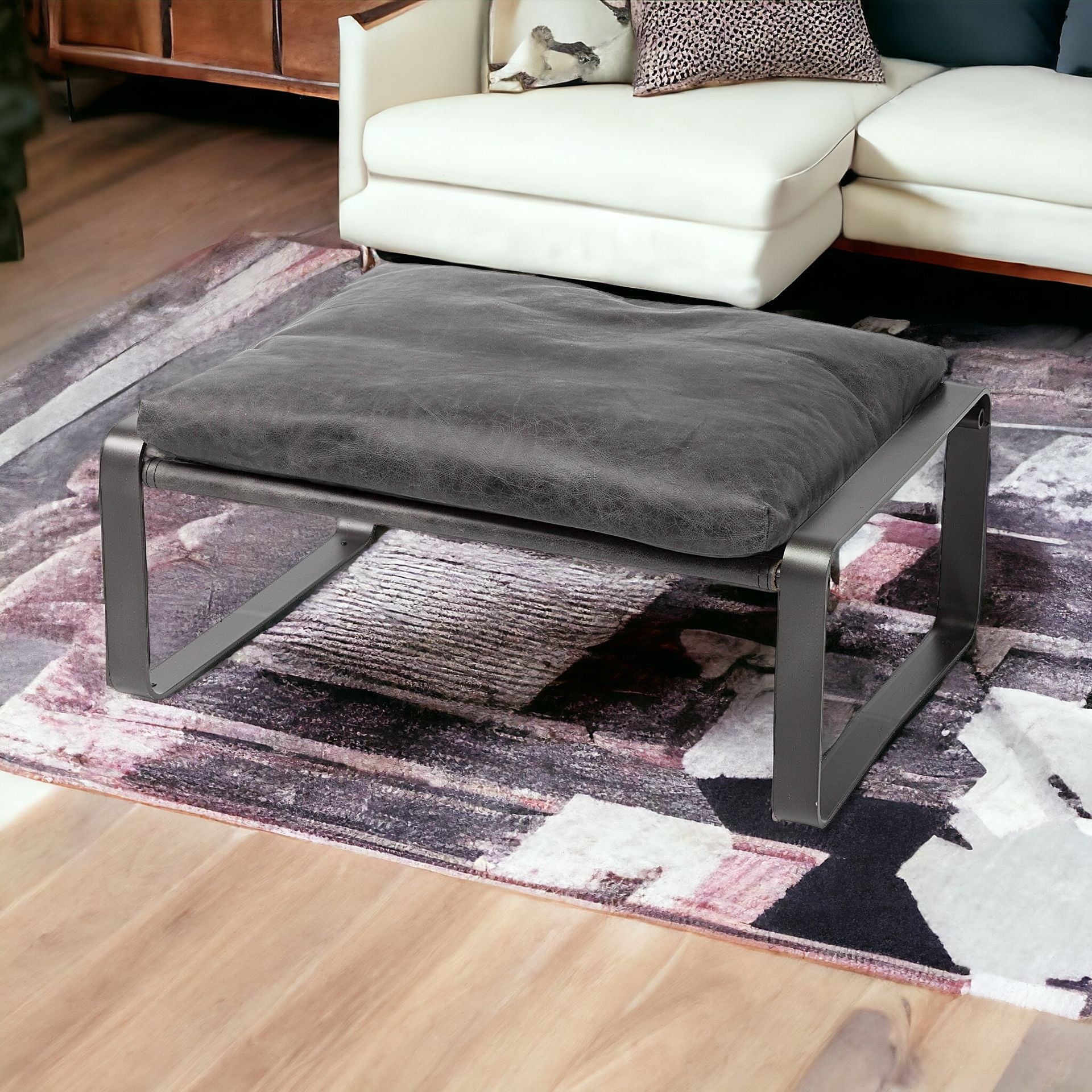 27" Black Genuine Leather Ottoman-Ottomans-DECOROLALA