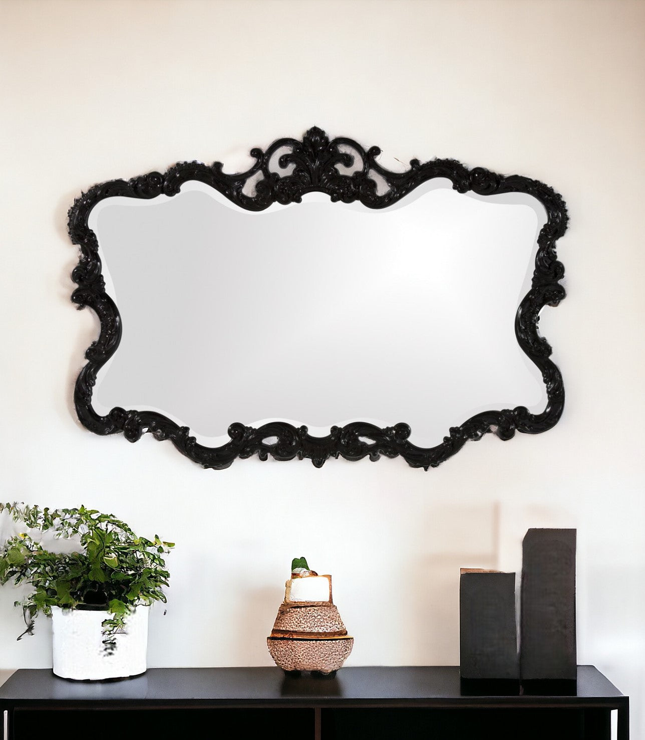 27" Black Ornate Scroll Framed Accent Mirror-Mirrors-DECOROLALA