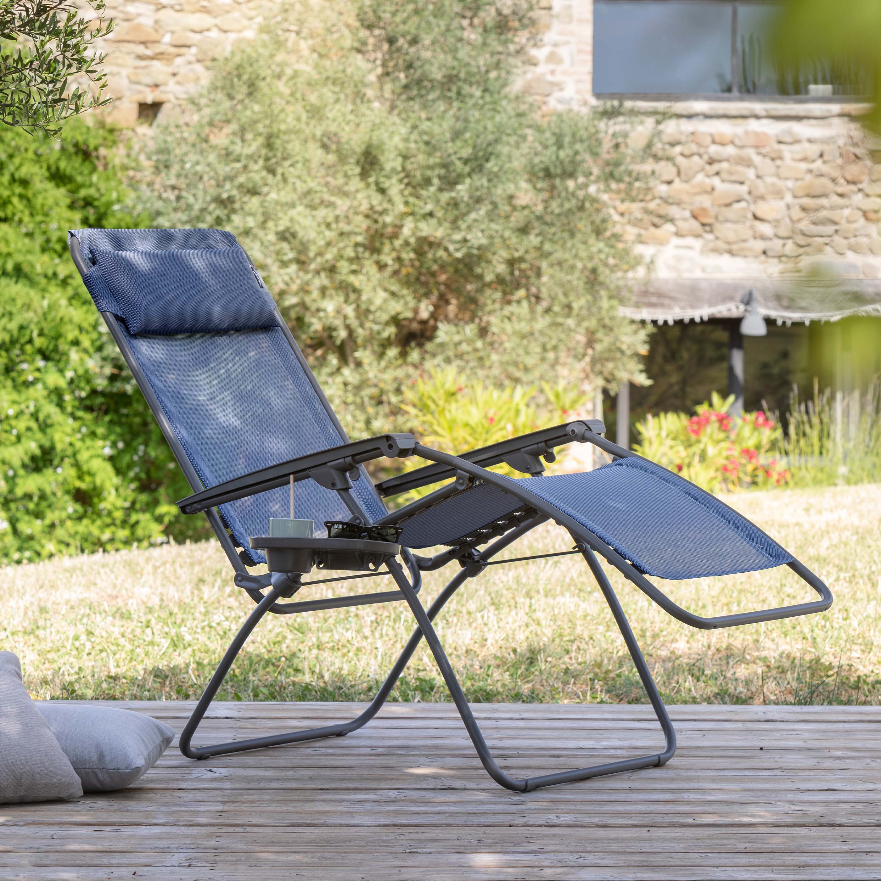 27" Blue Metal Outdoor Zero Gravity Chair with Blue Cushion-Outdoor Chairs-DECOROLALA