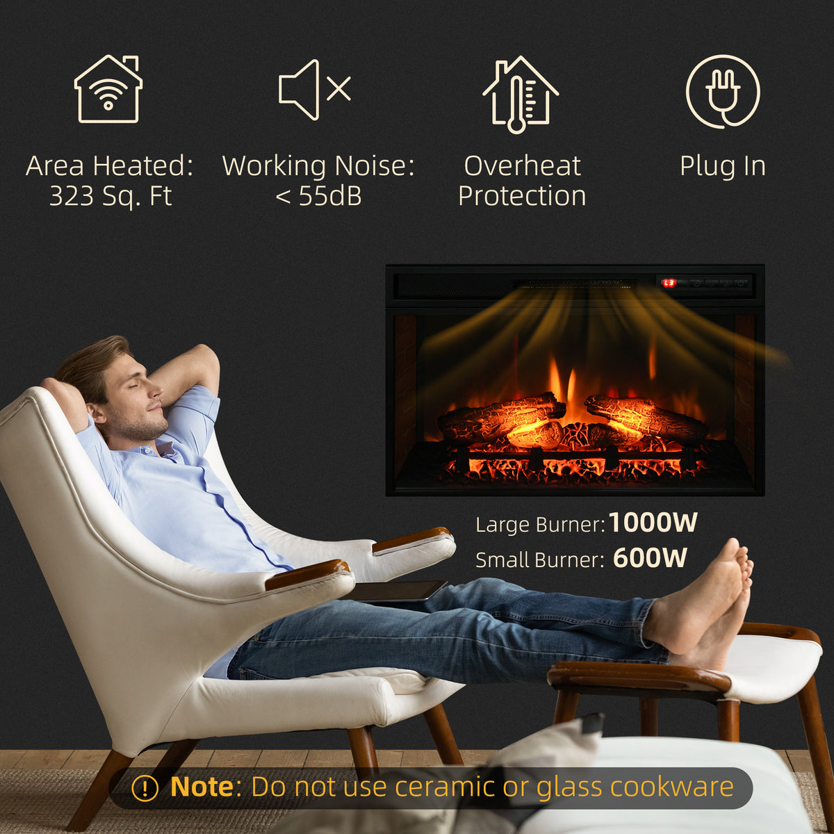 27" Electric Fireplace Insert - 1400W Recessed Heater Black-Electric Fireplaces-DECOROLALA